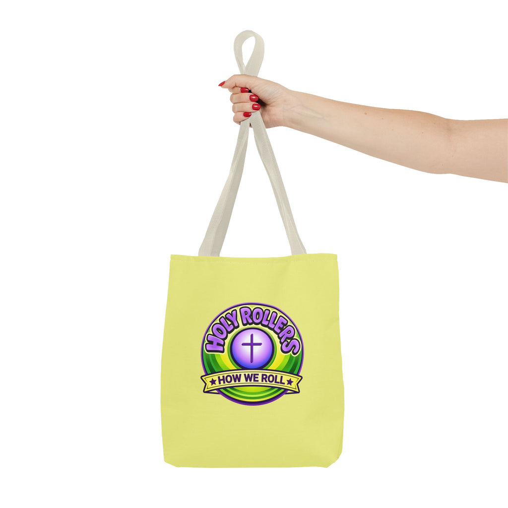 Holy Rollers Christian apparel thumbnail: Christian Tote Bag — "Saved By Grace" / "Holy Rollers" Inspirational All-Over Print