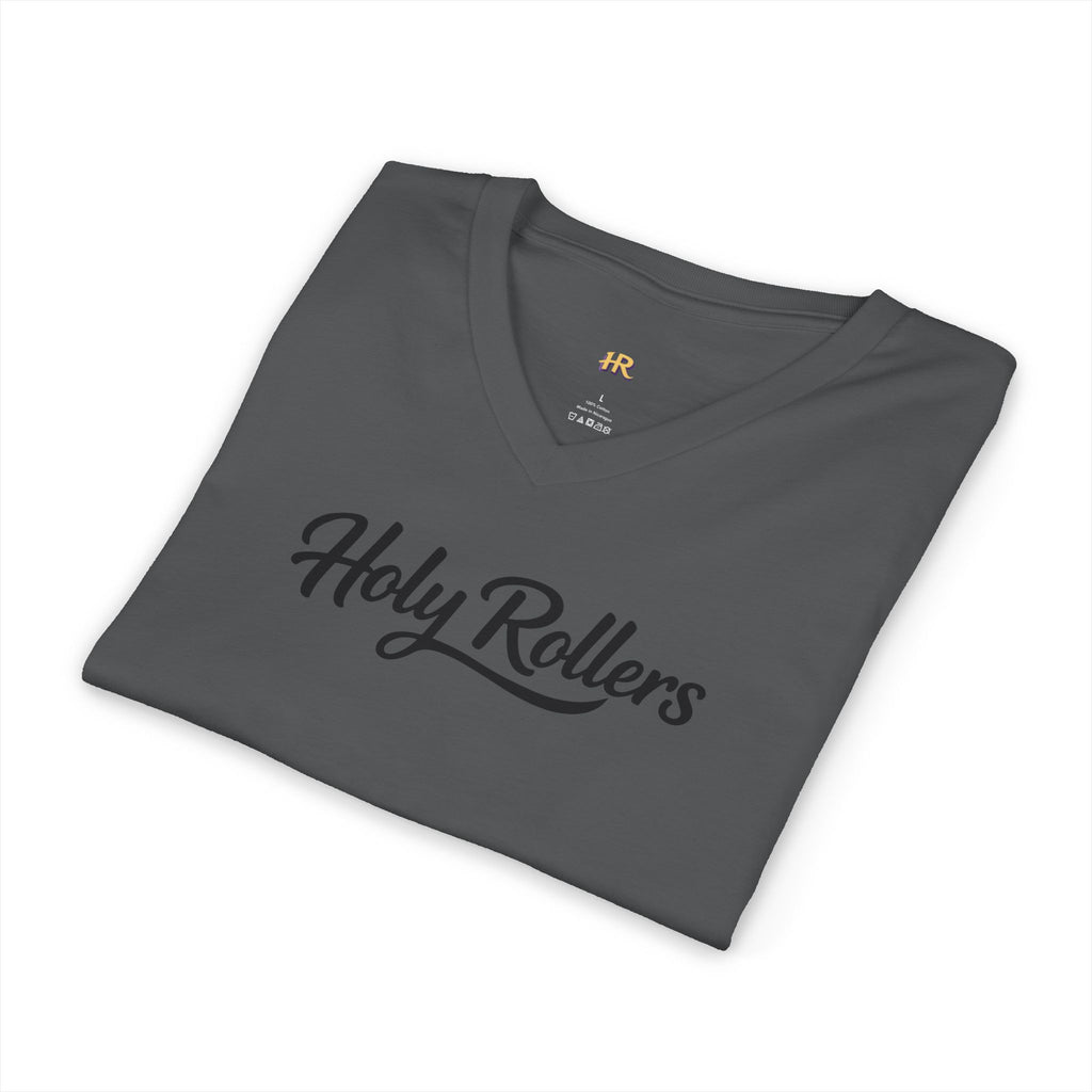 Holy Rollers Christian apparel thumbnail: Holy Rollers word-logo t-shirt | Holy Rollers How We Roll V-neck