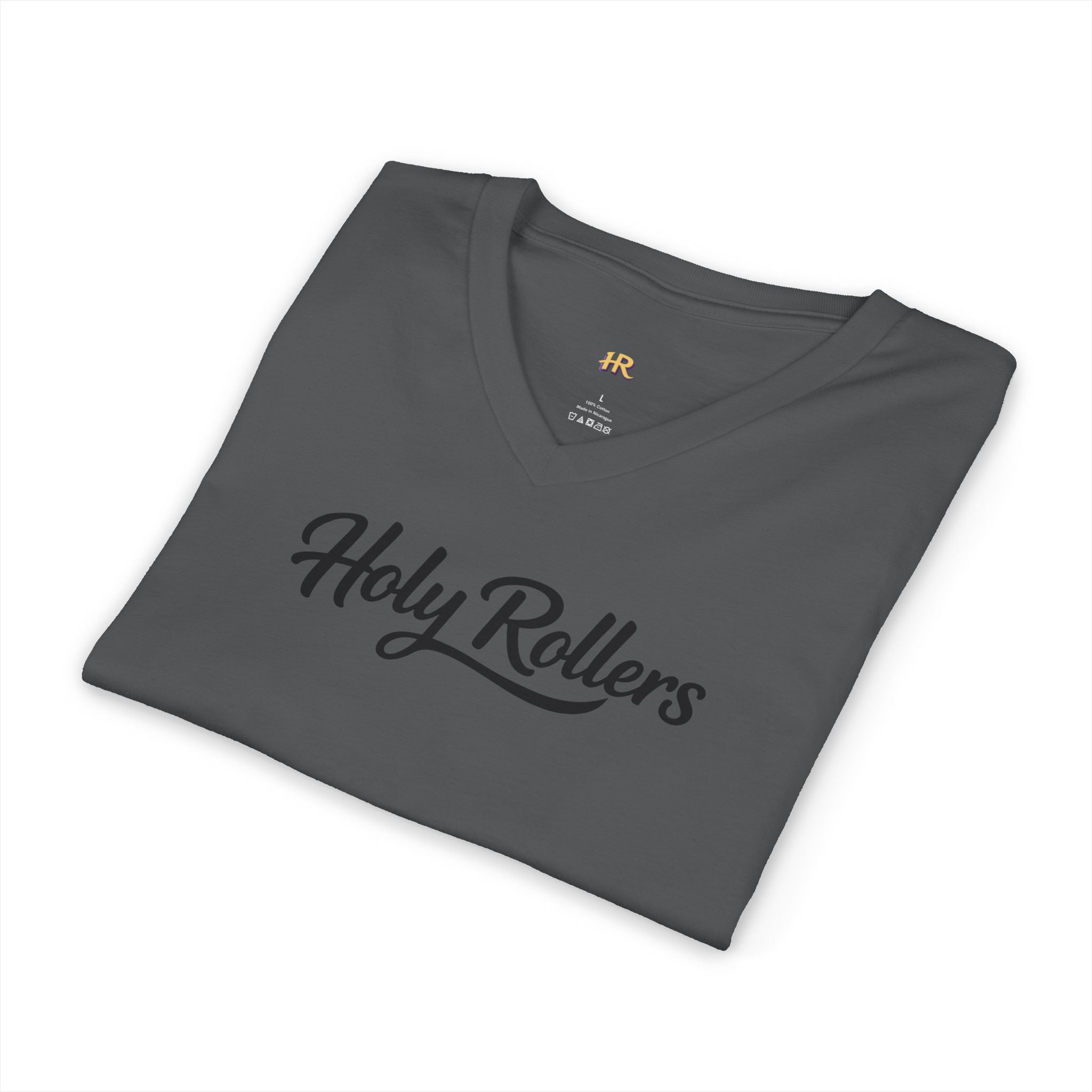 Holy Rollers Christian apparel: Holy Rollers word-logo t-shirt | Holy Rollers How We Roll V-neck