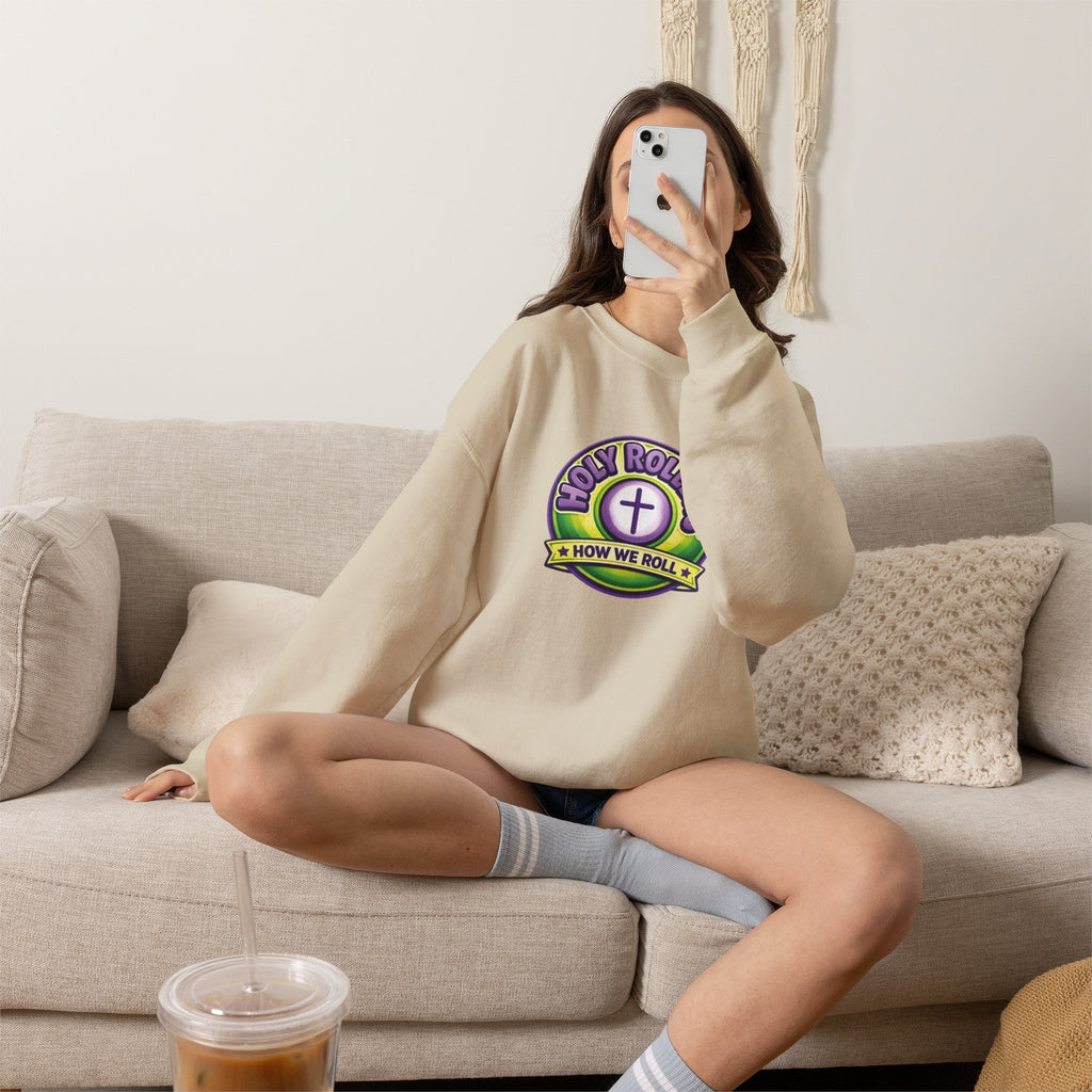 Holy Rollers Christian apparel thumbnail: Holy Rollers How We Roll sweatshirt | Christian faith crewneck
