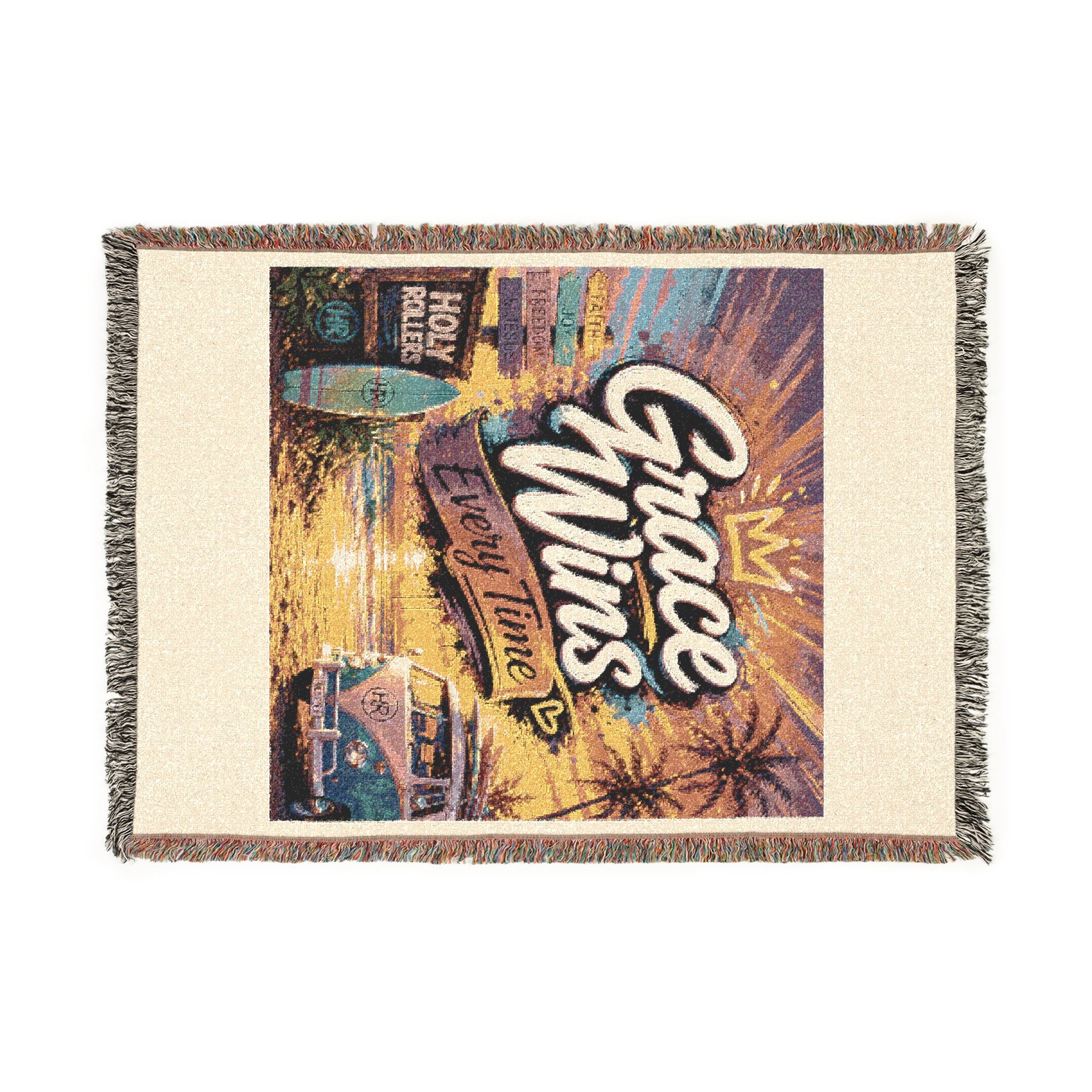 Holy Rollers Christian apparel: Woven Blanket - Grace Wins Vintage Coastal Throw (Retro Palm Sunset Design)
