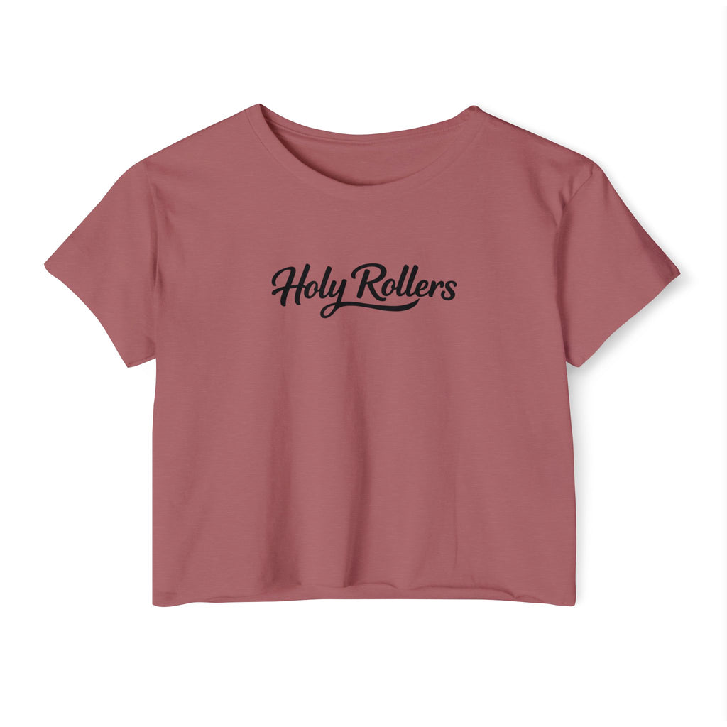 Holy Rollers Christian apparel thumbnail: Women's Crop Top — "Holy Rollers" Front & "Not Perfect Just Forgiven" Back Christian Festival Tee