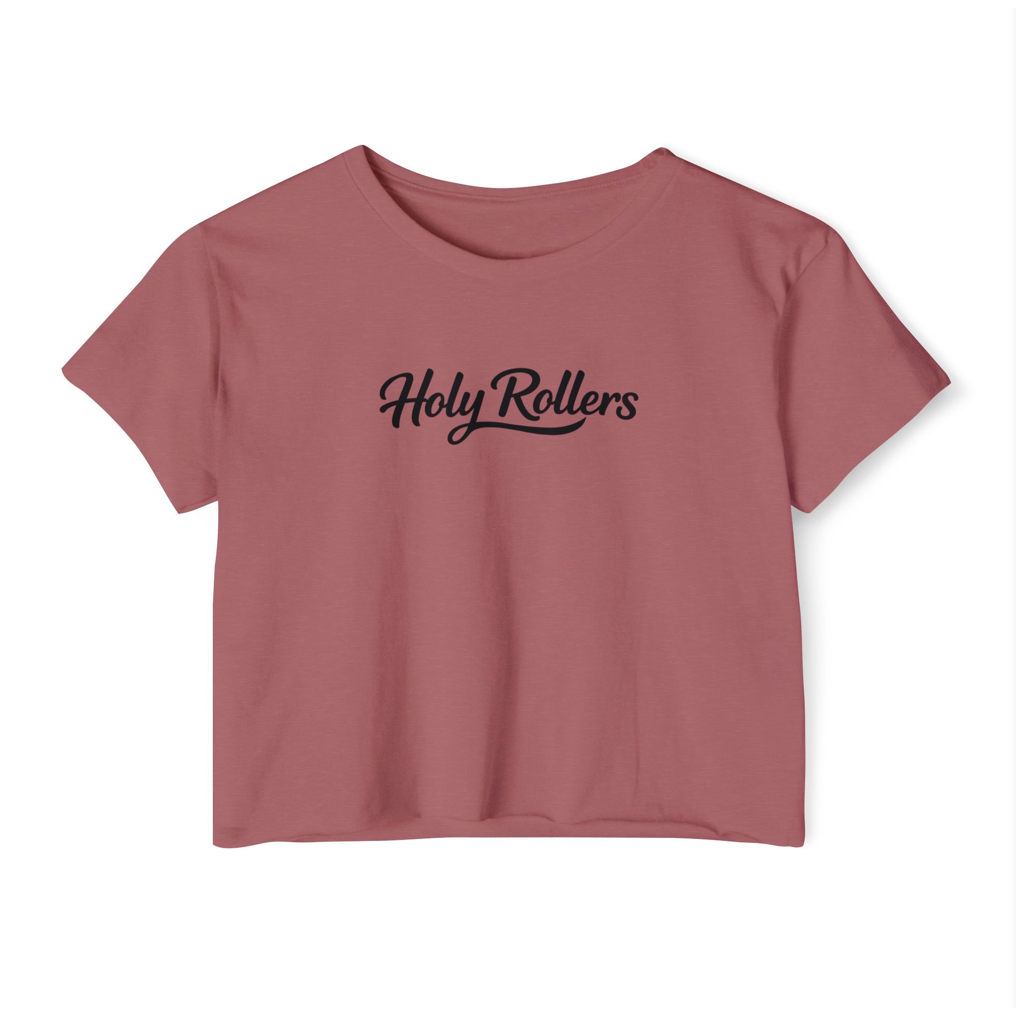 Holy Rollers Christian apparel: Women's Crop Top — "Holy Rollers" Front & "Not Perfect Just Forgiven" Back Christian Festival Tee