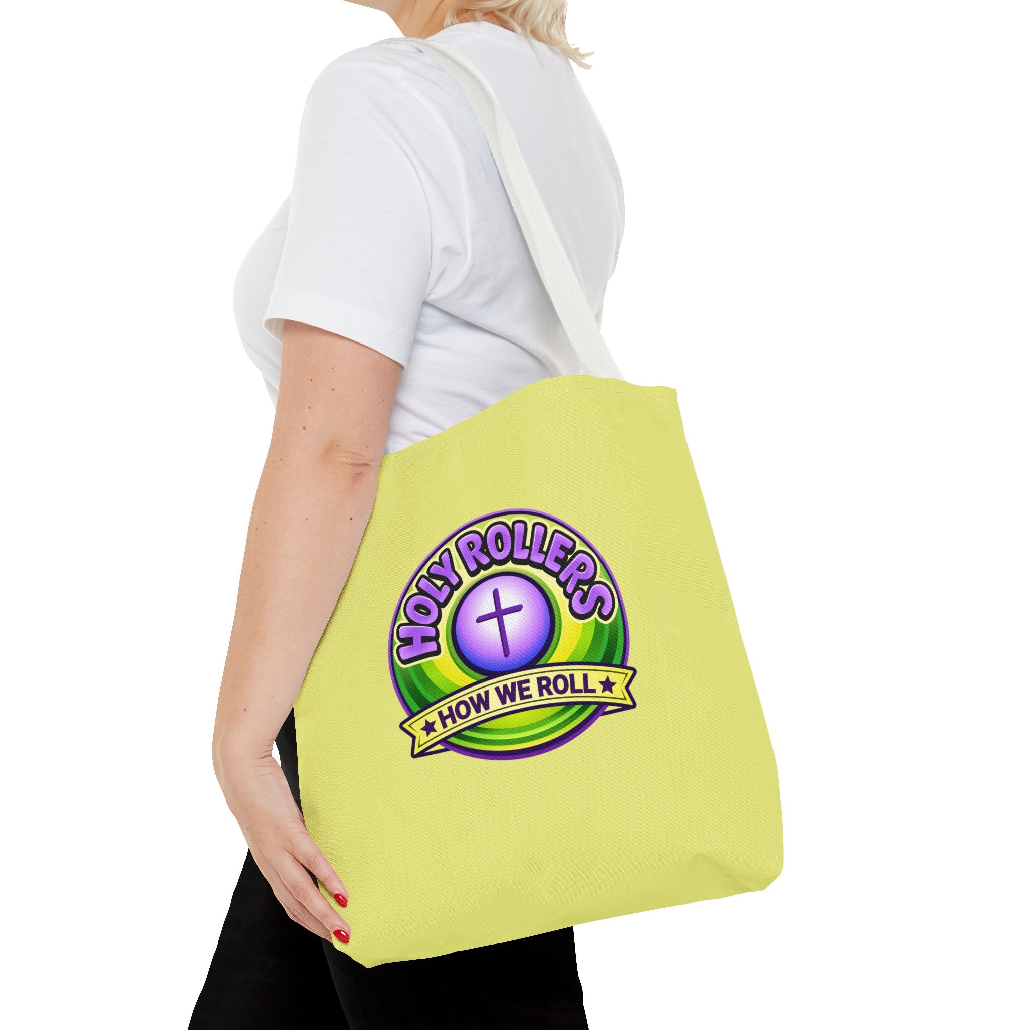 Holy Rollers Christian apparel: Christian Tote Bag — "Saved By Grace" / "Holy Rollers" Inspirational All-Over Print