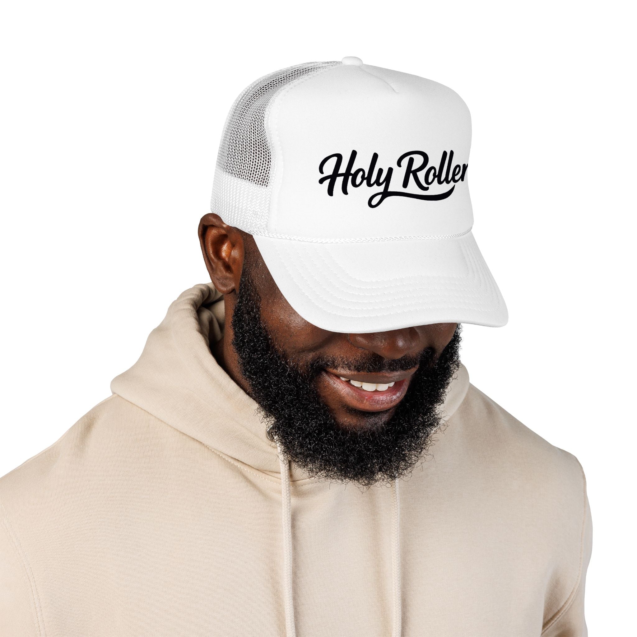 Holy Rollers Christian apparel: Holy Rollers Foam Trucker Hat | Script Logo, Black & White Mesh