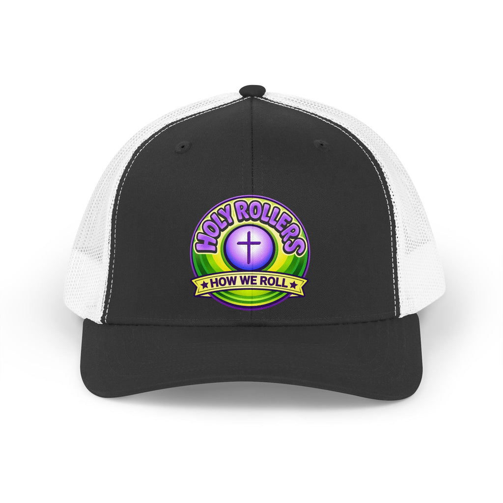 Holy Rollers Christian apparel thumbnail: Holy Rollers cross logo Trucker Hat | How We Roll emblem
