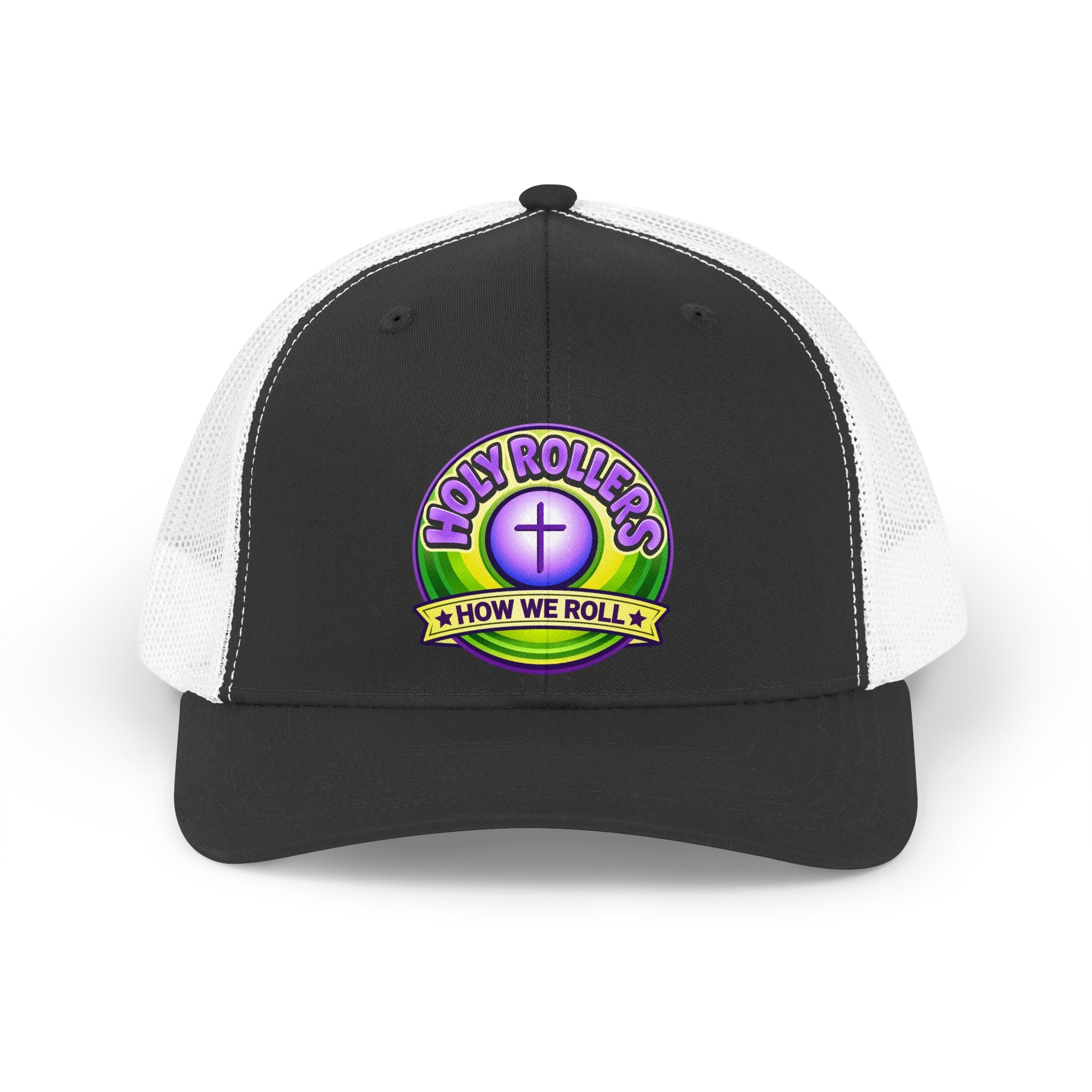 Holy Rollers Christian apparel: Holy Rollers cross logo Trucker Hat | How We Roll emblem