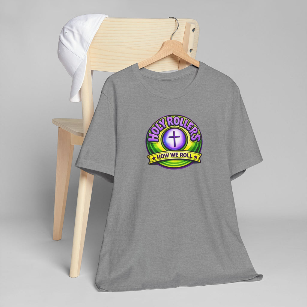 Holy Rollers Christian apparel thumbnail: Saved by Grace Holy Rollers T-Shirt | Uplifted Confident Joyful Faith Tee