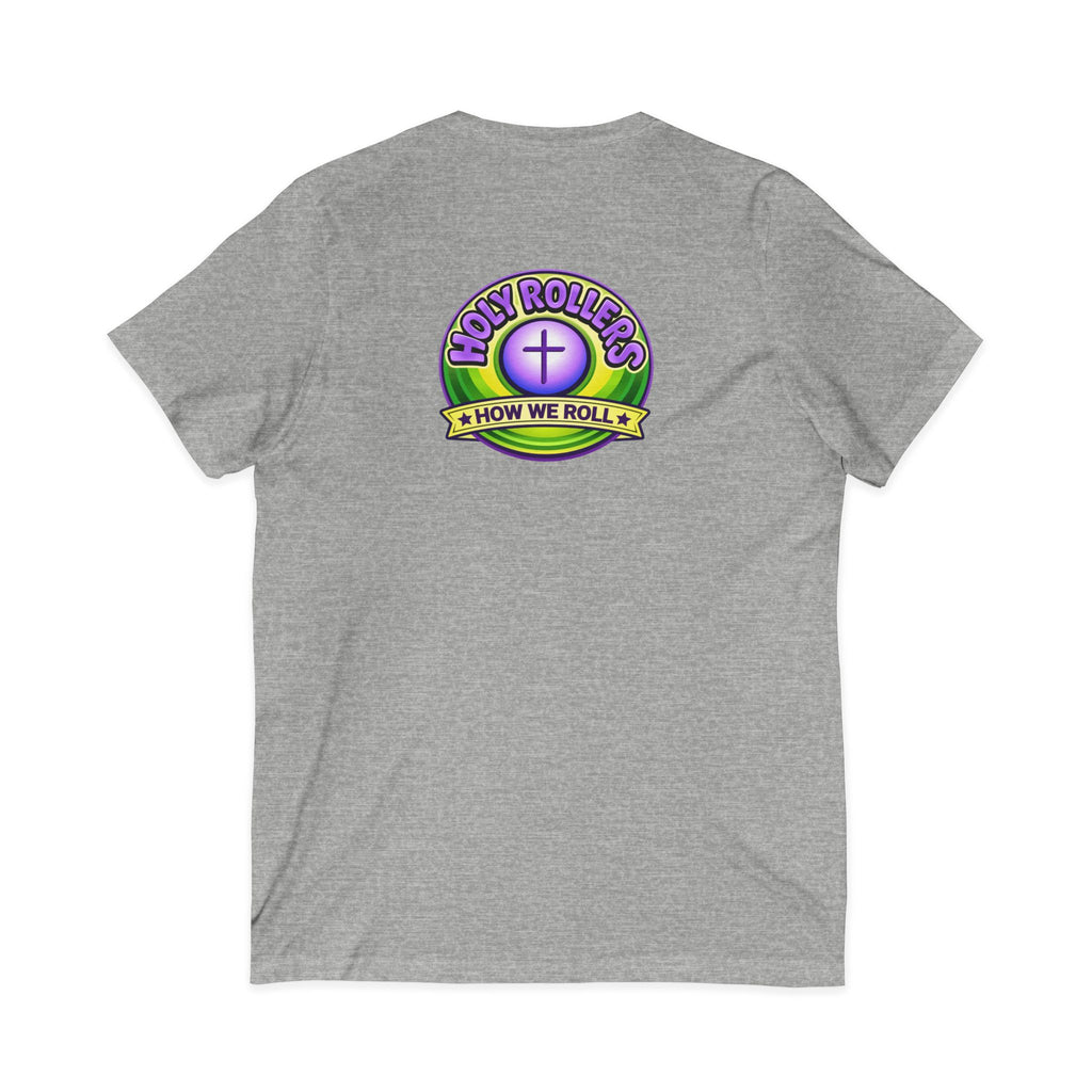 Holy Rollers Christian apparel thumbnail: Holy Rollers word-logo t-shirt | Holy Rollers How We Roll V-neck