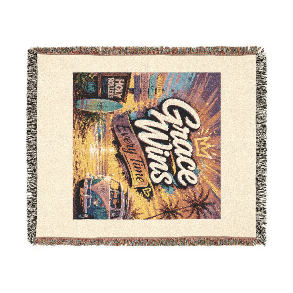 Holy Rollers Christian apparel thumbnail: Woven Blanket - Grace Wins Vintage Coastal Throw (Retro Palm Sunset Design)