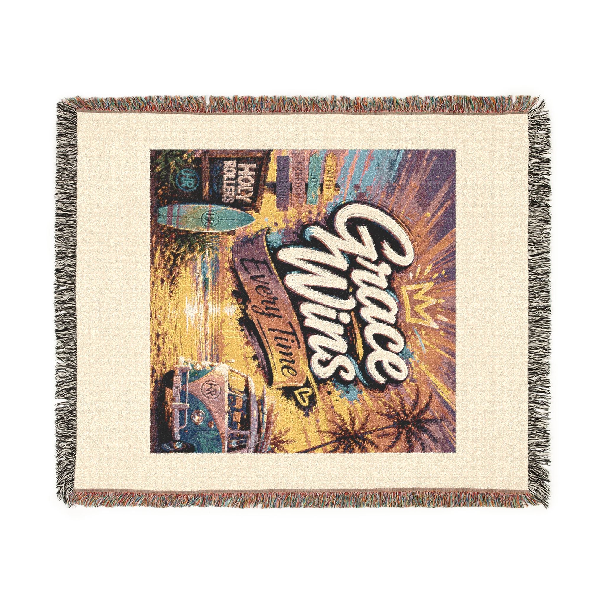 Holy Rollers Christian apparel: Woven Blanket - Grace Wins Vintage Coastal Throw (Retro Palm Sunset Design)