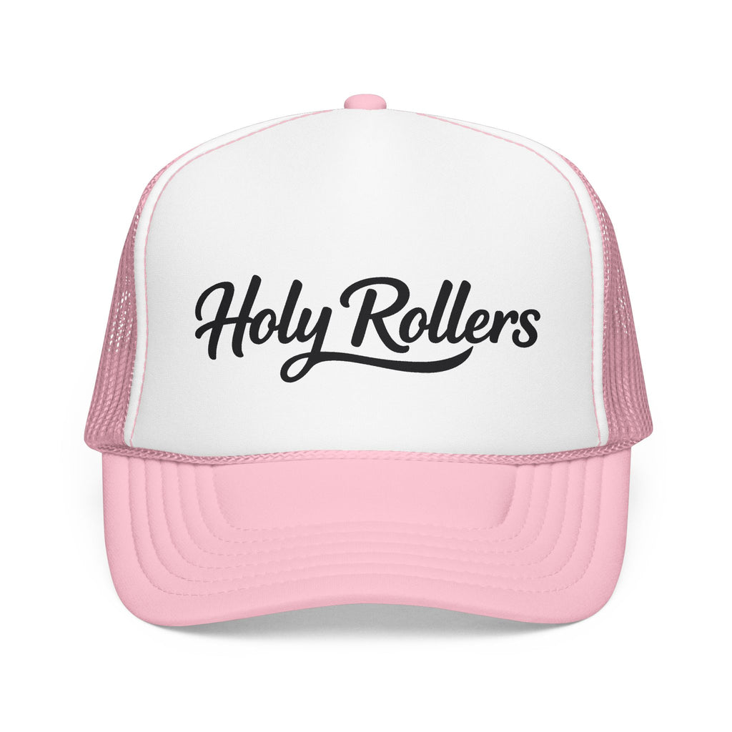 Holy Rollers Christian apparel thumbnail: Holy Rollers Foam Trucker Hat | Script Logo, Colored Visor & Mesh on White