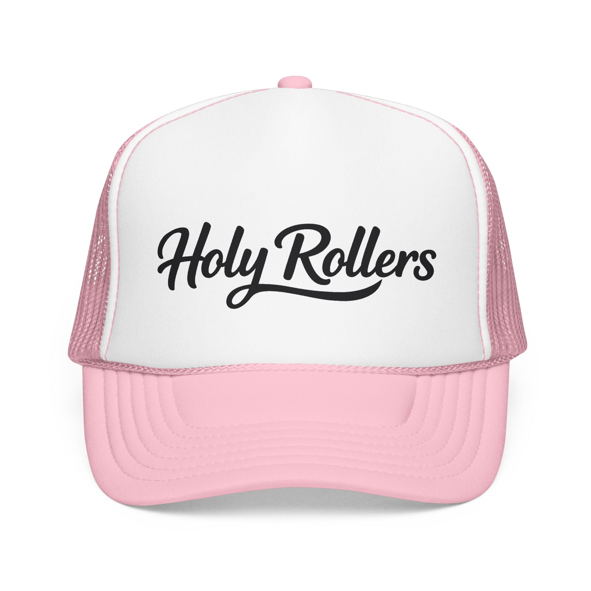 Holy Rollers Christian apparel: Holy Rollers Foam Trucker Hat | Script Logo, Colored Visor & Mesh on White