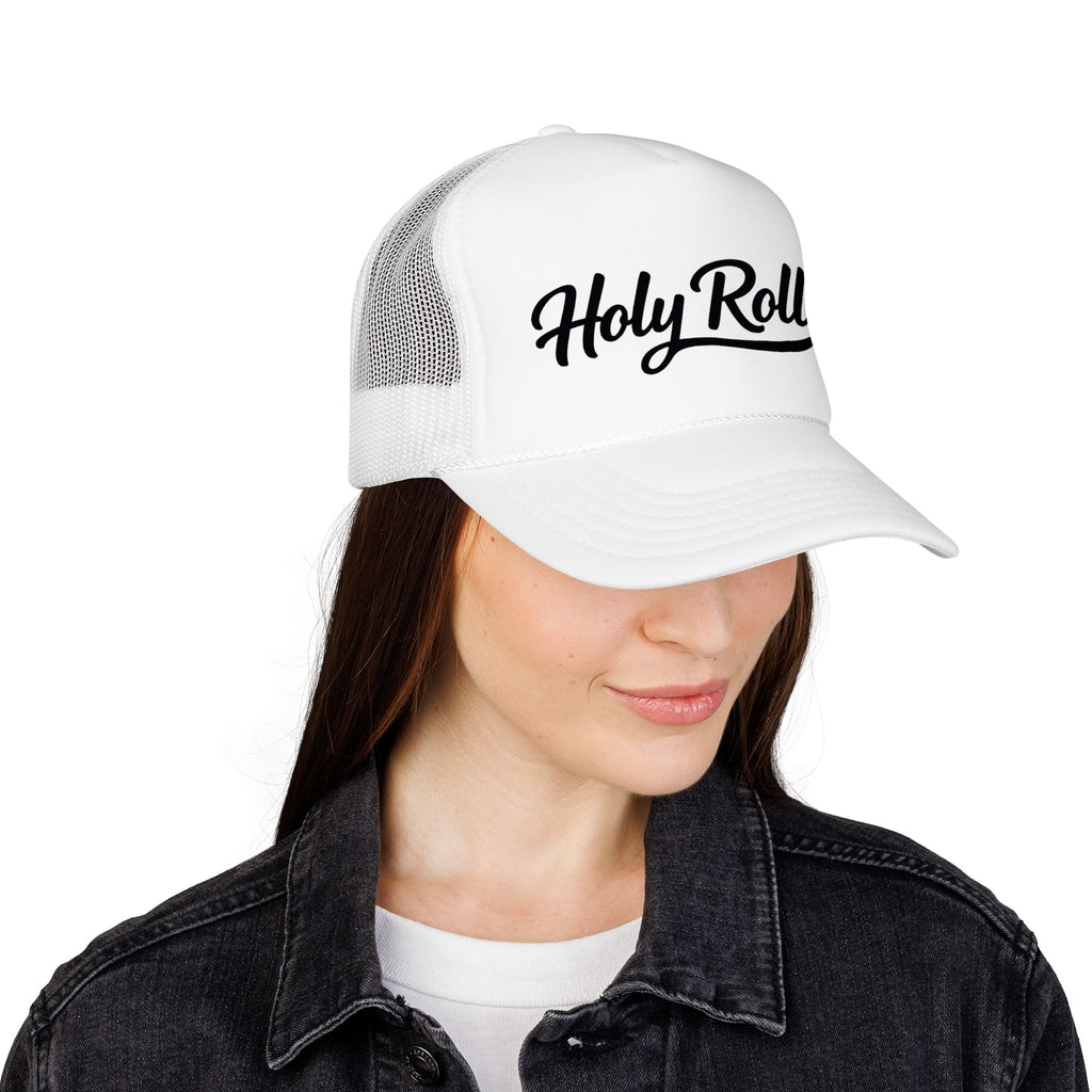 Holy Rollers Christian apparel thumbnail: Holy Rollers Foam Trucker Hat | Script Logo, Black & White Mesh