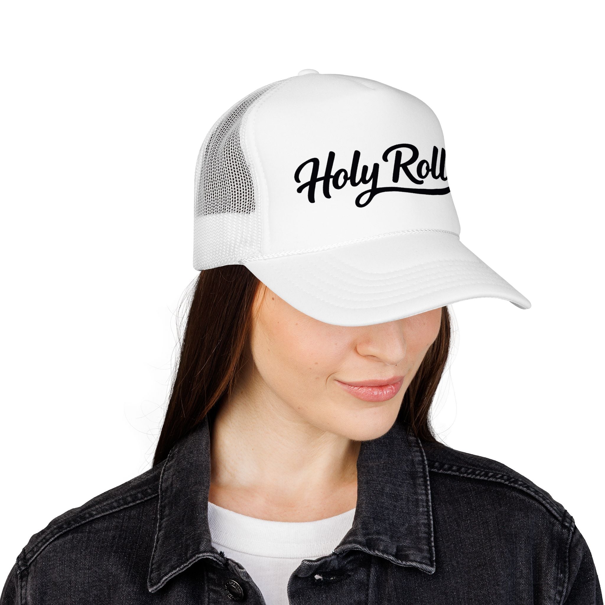 Holy Rollers Christian apparel: Holy Rollers Foam Trucker Hat | Script Logo, Black & White Mesh