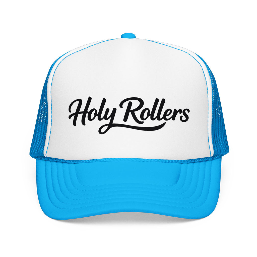 Holy Rollers Christian apparel thumbnail: Holy Rollers Foam Trucker Hat | Script Logo, Black & White Mesh
