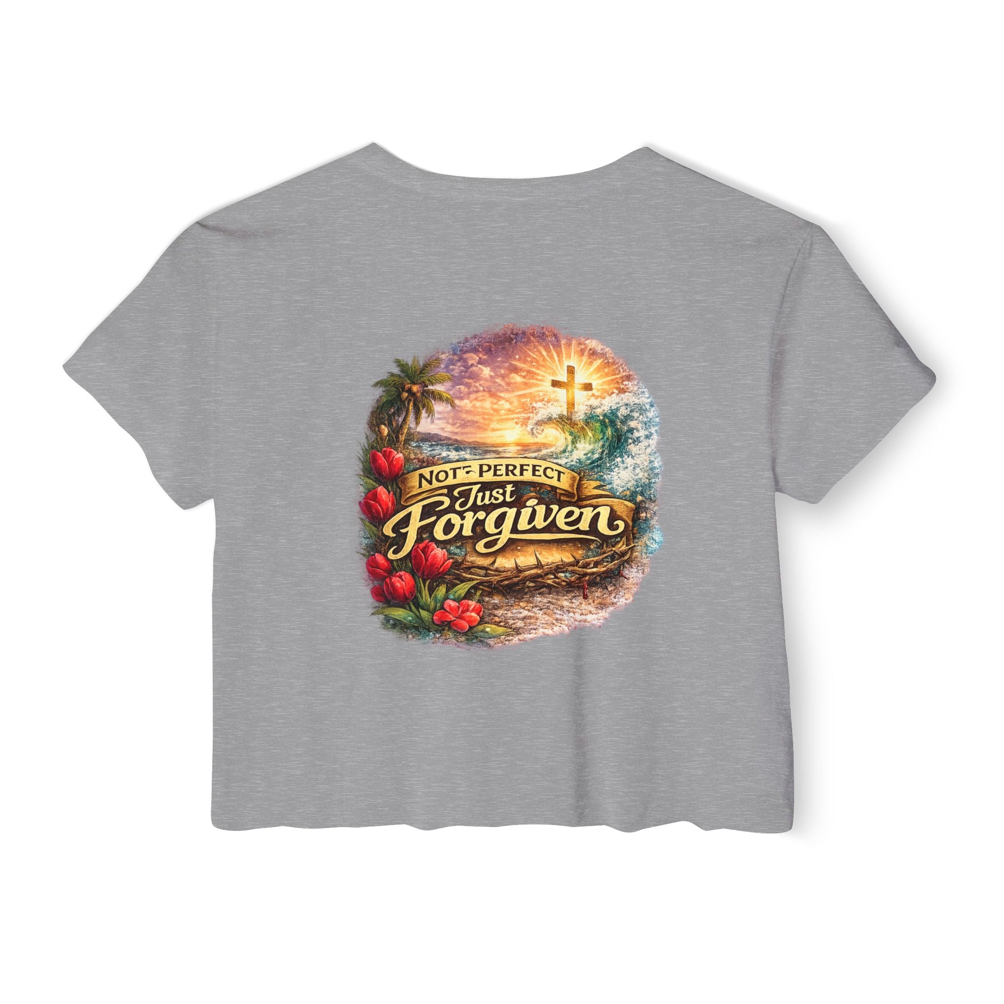 Holy Rollers Christian apparel: Women's Crop Top — "Holy Rollers" Front & "Not Perfect Just Forgiven" Back Christian Festival Tee