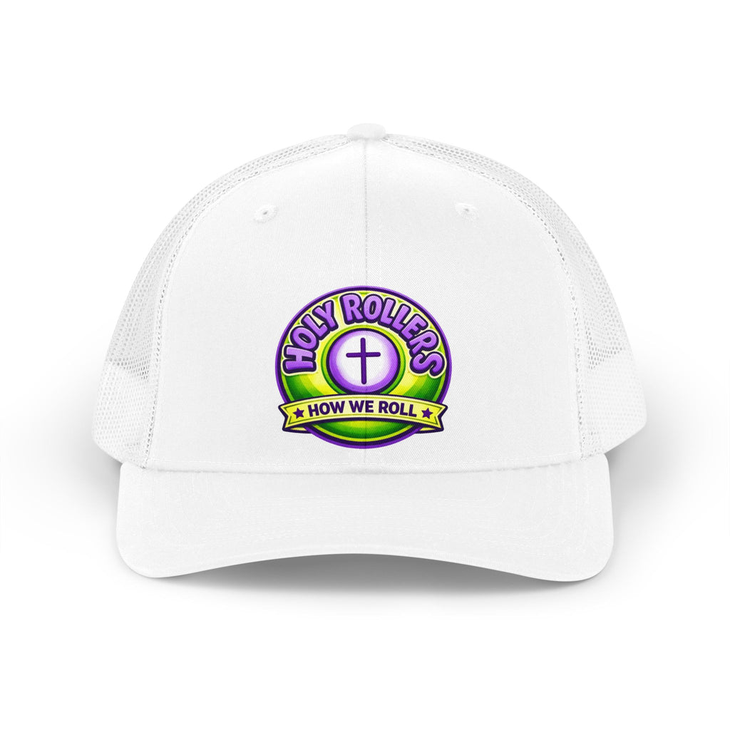 Holy Rollers Christian apparel thumbnail: Holy Rollers cross logo Trucker Hat | How We Roll emblem
