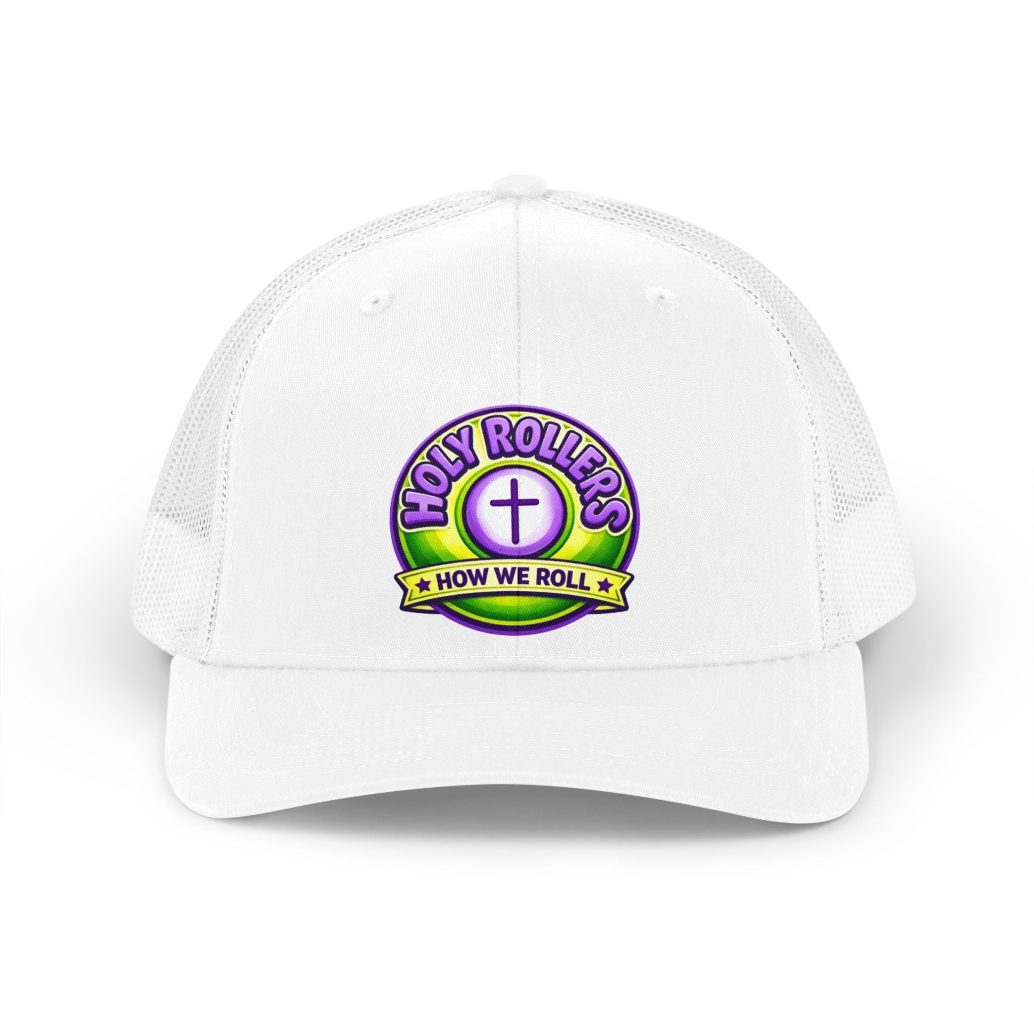 Holy Rollers Christian apparel: Holy Rollers cross logo Trucker Hat | How We Roll emblem