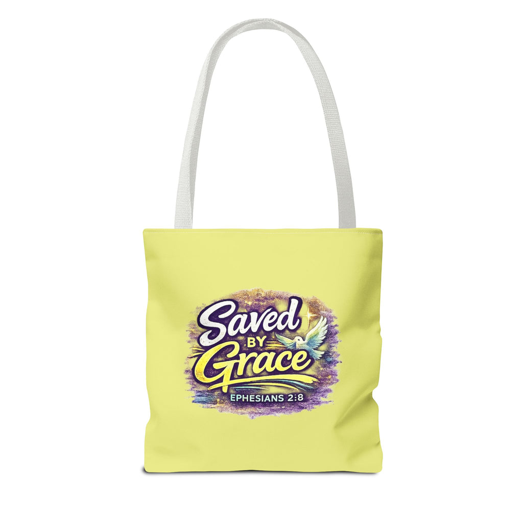 Holy Rollers Christian apparel thumbnail: Christian Tote Bag — "Saved By Grace" / "Holy Rollers" Inspirational All-Over Print
