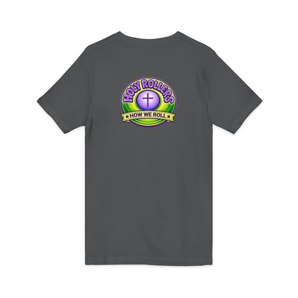 Holy Rollers Christian apparel thumbnail: Holy Rollers word-logo t-shirt | Holy Rollers How We Roll V-neck