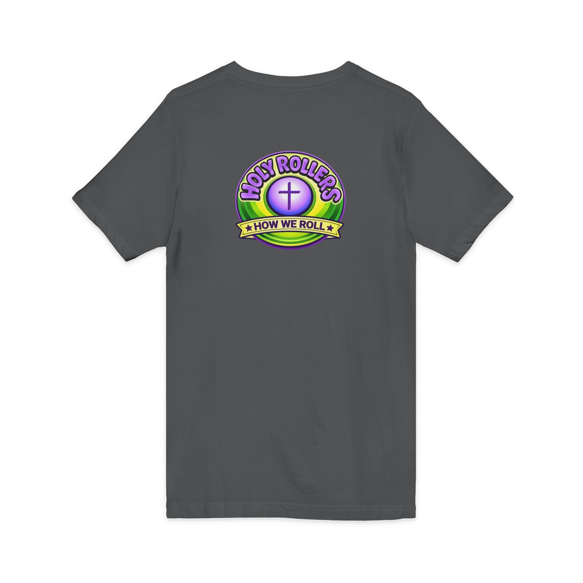 Holy Rollers Christian apparel: Holy Rollers word-logo t-shirt | Holy Rollers How We Roll V-neck