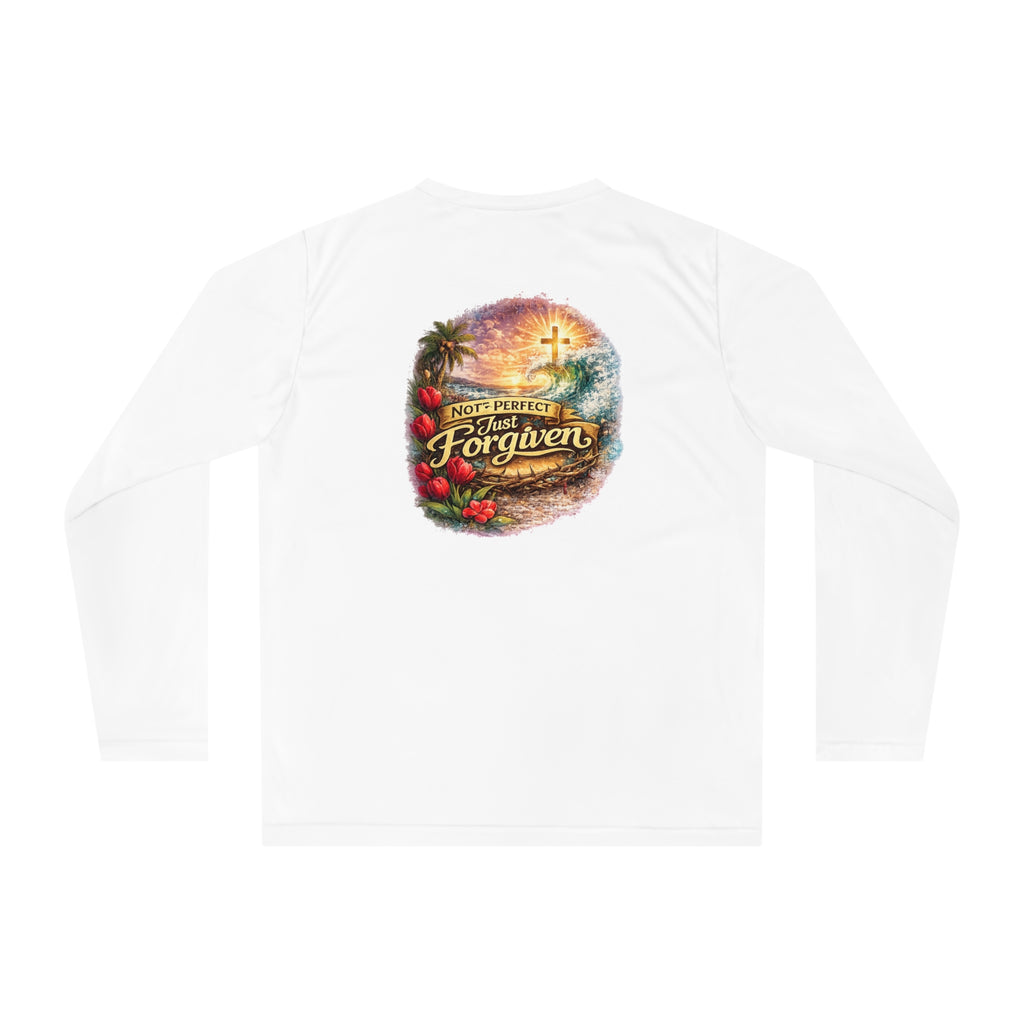 Holy Rollers Christian apparel thumbnail: Holy Rollers Performance Long Sleeve — "Not Perfect Just Forgiven" Beach Christian Shirt