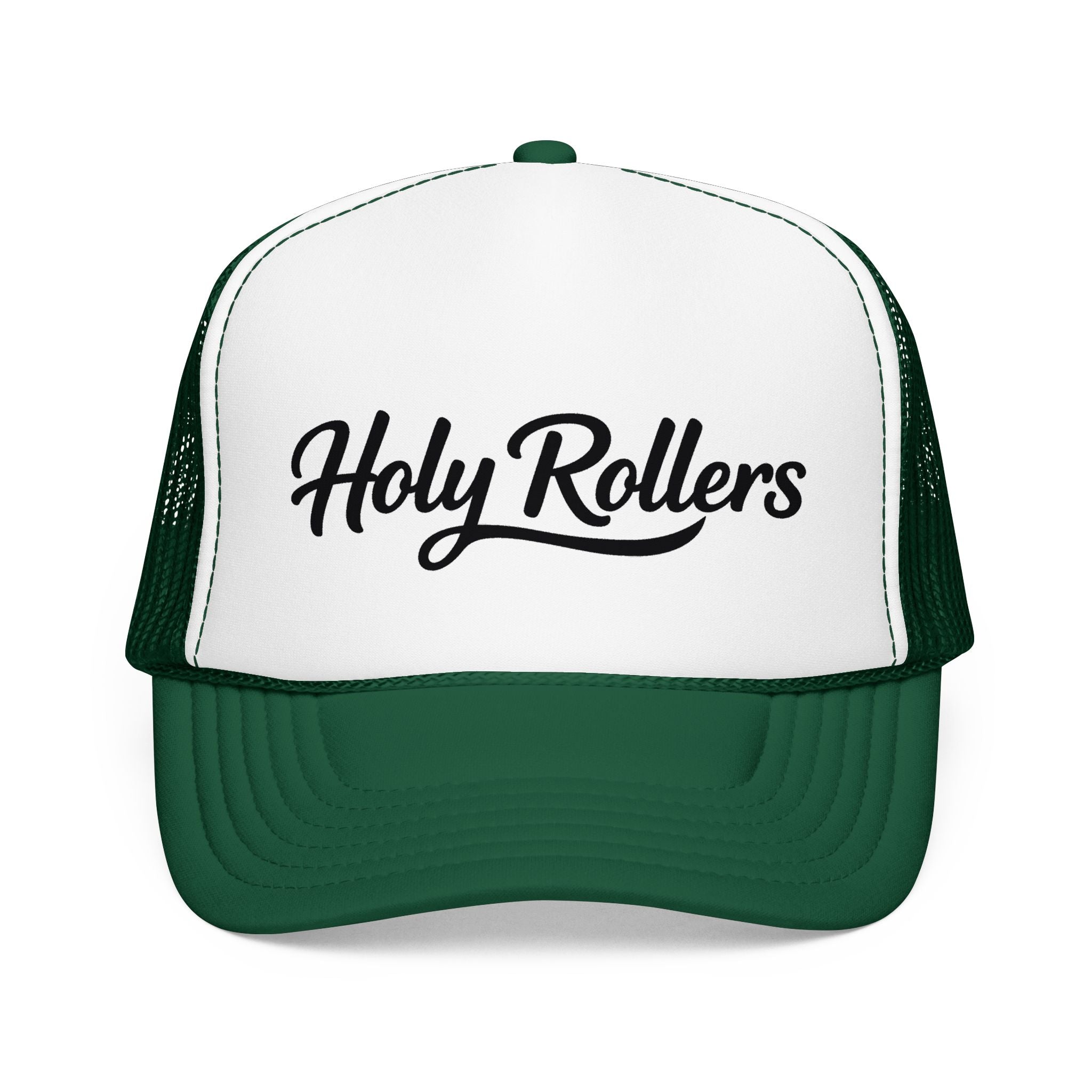Holy Rollers Christian apparel: Holy Rollers Foam Trucker Hat | Script Logo, Black & White Mesh