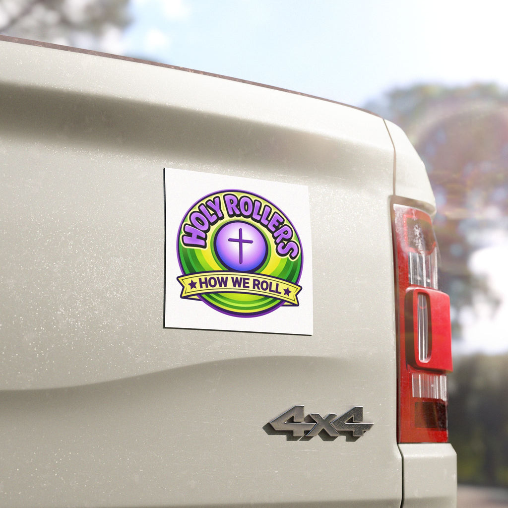 Holy Rollers Christian apparel thumbnail: Car Magnet — “Holy Rollers: How We Roll” Christian Cross Vinyl Sticker