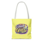Christian Tote Bag — "Saved By Grace" / "Holy Rollers" Inspirational All-Over Print
