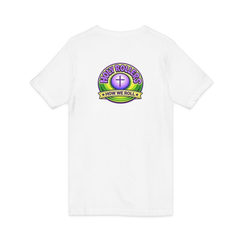 Holy Rollers Christian apparel thumbnail: Holy Rollers word-logo t-shirt | Holy Rollers How We Roll V-neck