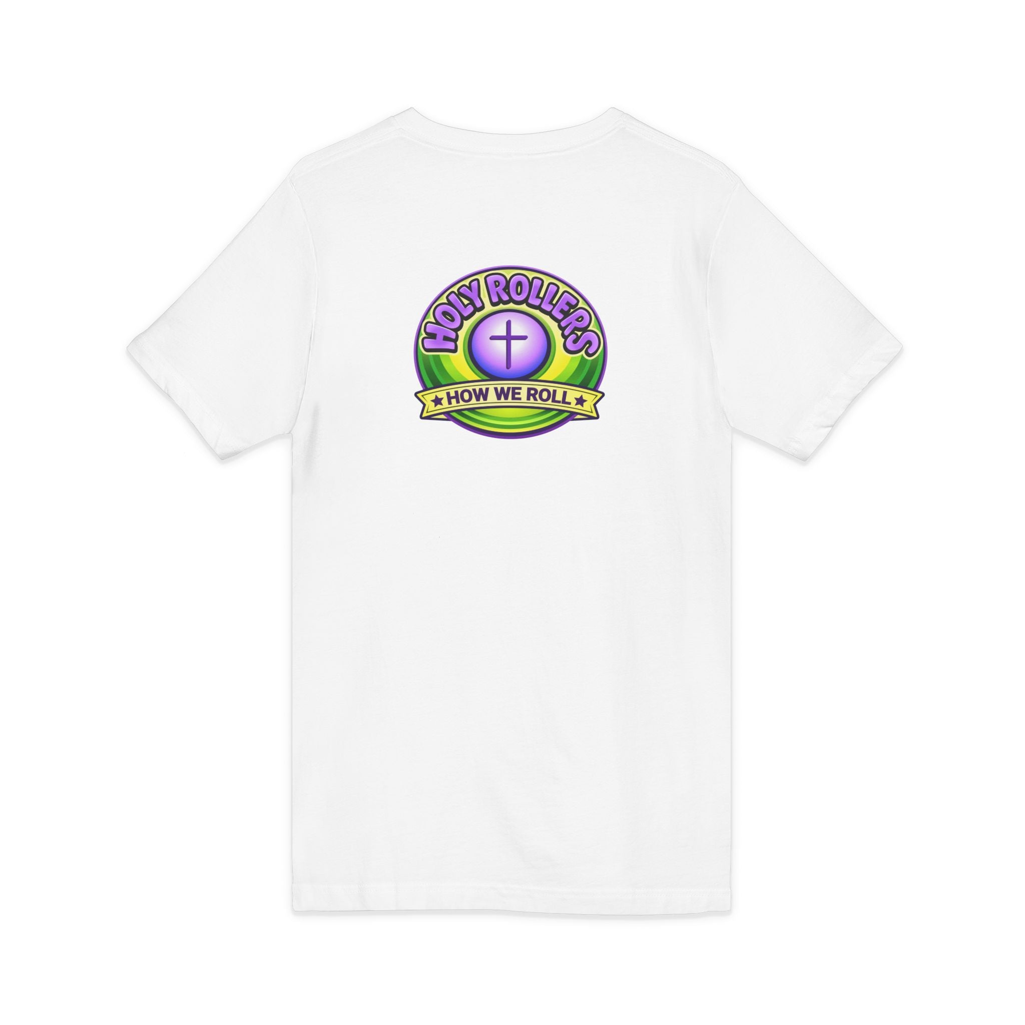 Holy Rollers Christian apparel: Holy Rollers word-logo t-shirt | Holy Rollers How We Roll V-neck