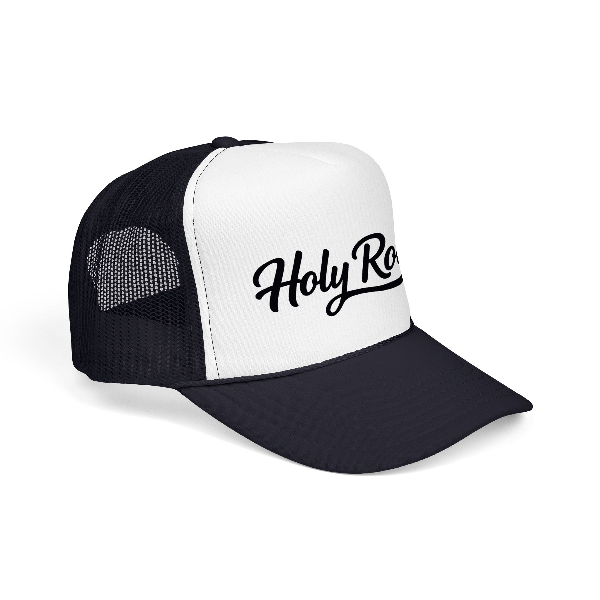 Holy Rollers Christian apparel: Holy Rollers Foam Trucker Hat | Script Logo, Black & White Mesh