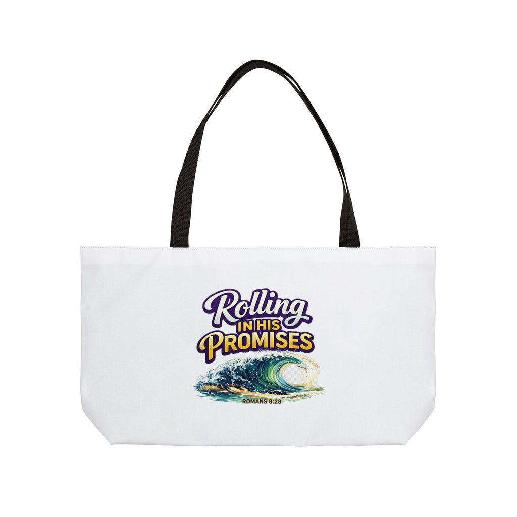 Holy Rollers Christian apparel thumbnail: Holy Rollers Weekender Tote Bag | Rolling in His Promises Scripture Wave