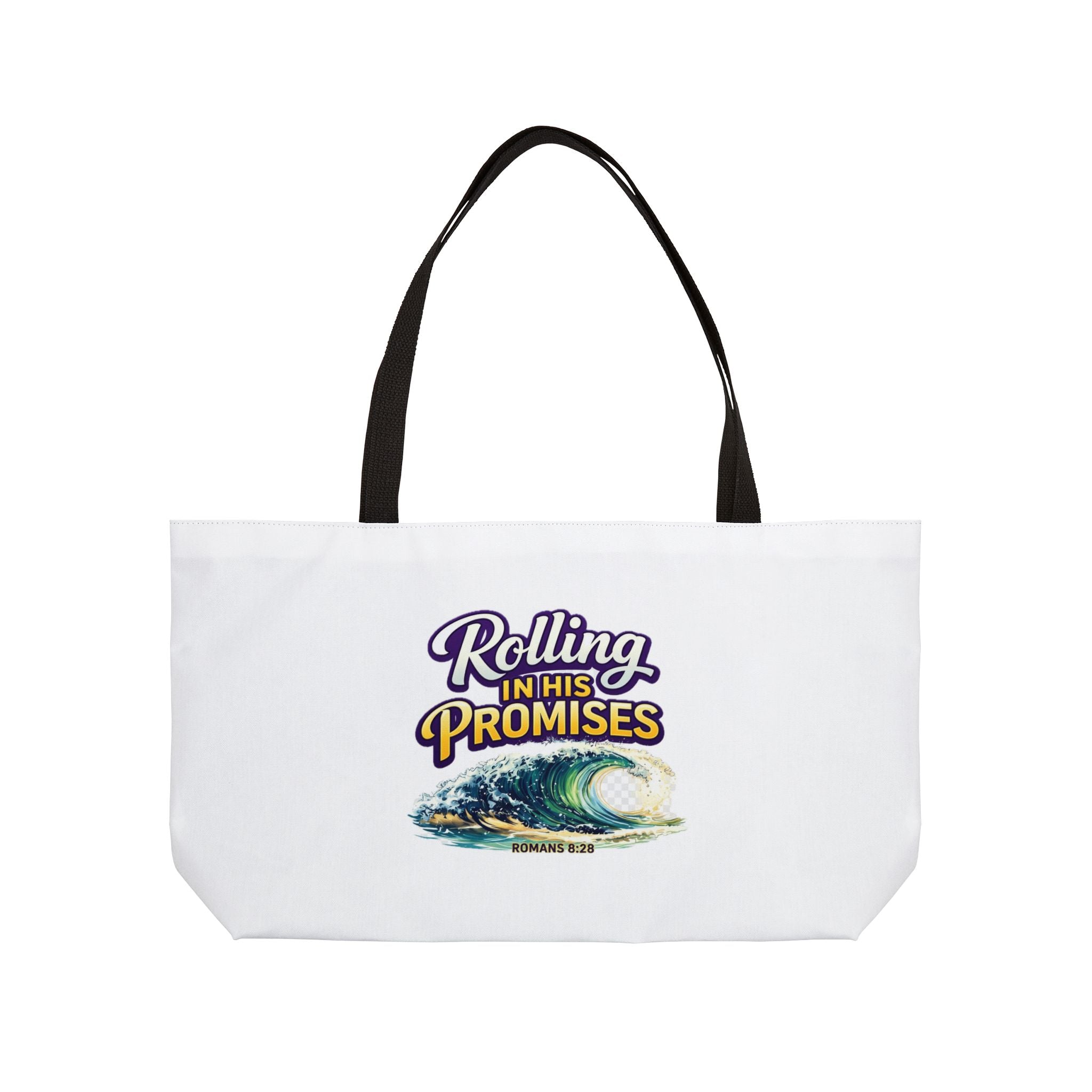 Holy Rollers Christian apparel: Holy Rollers Weekender Tote Bag | Rolling in His Promises Scripture Wave