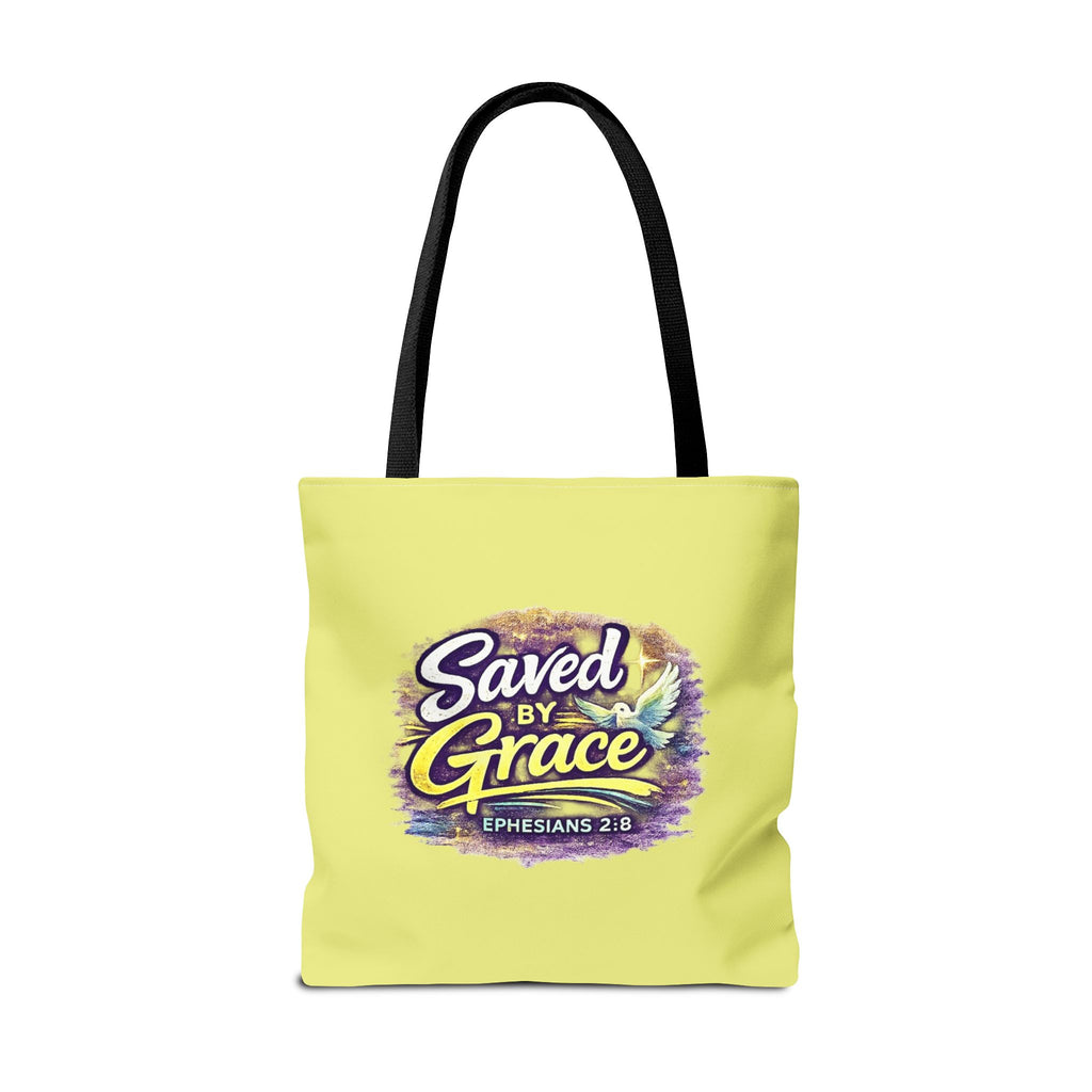 Holy Rollers Christian apparel thumbnail: Christian Tote Bag — "Saved By Grace" / "Holy Rollers" Inspirational All-Over Print