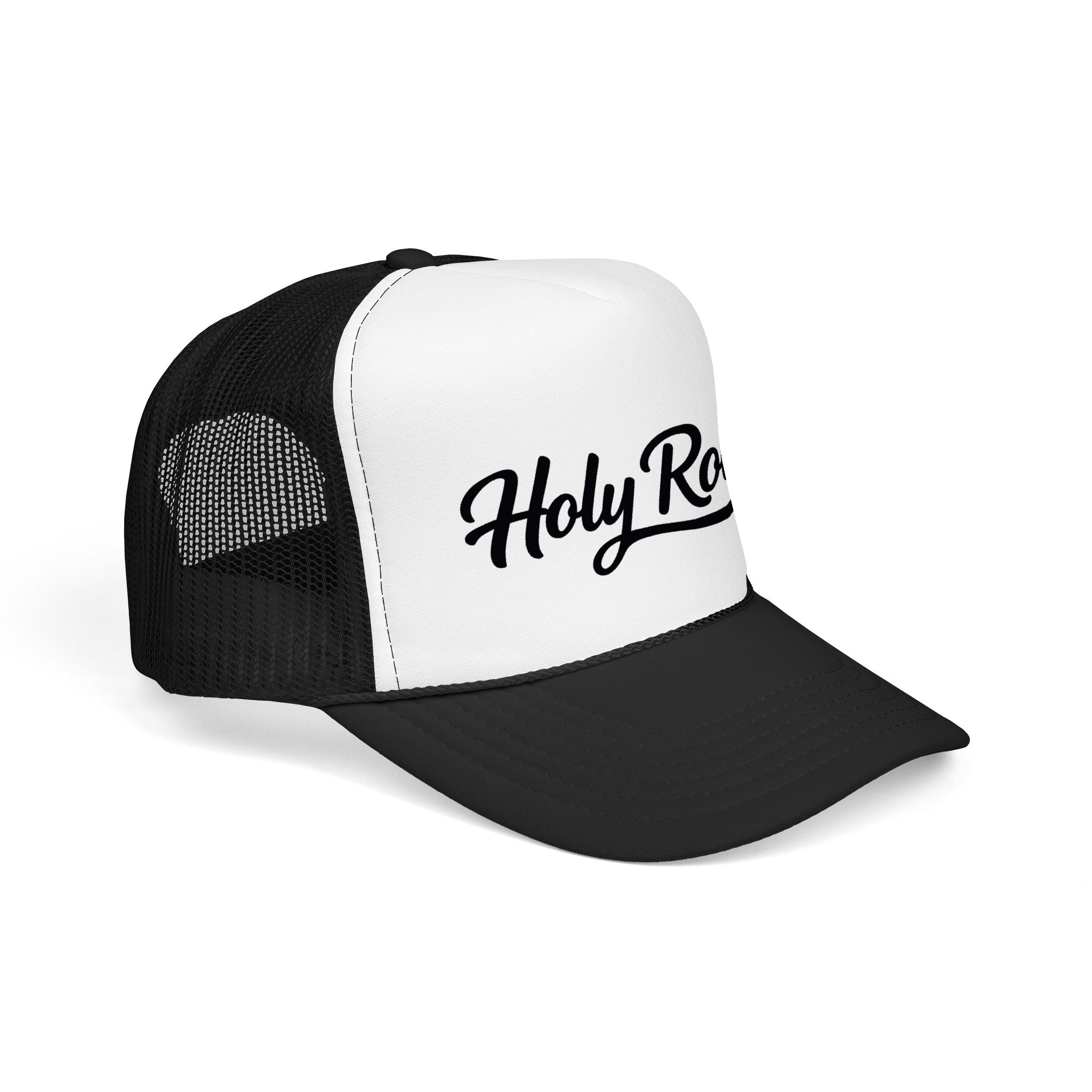 Holy Rollers Christian apparel: Holy Rollers Foam Trucker Hat | Script Logo, Black & White Mesh