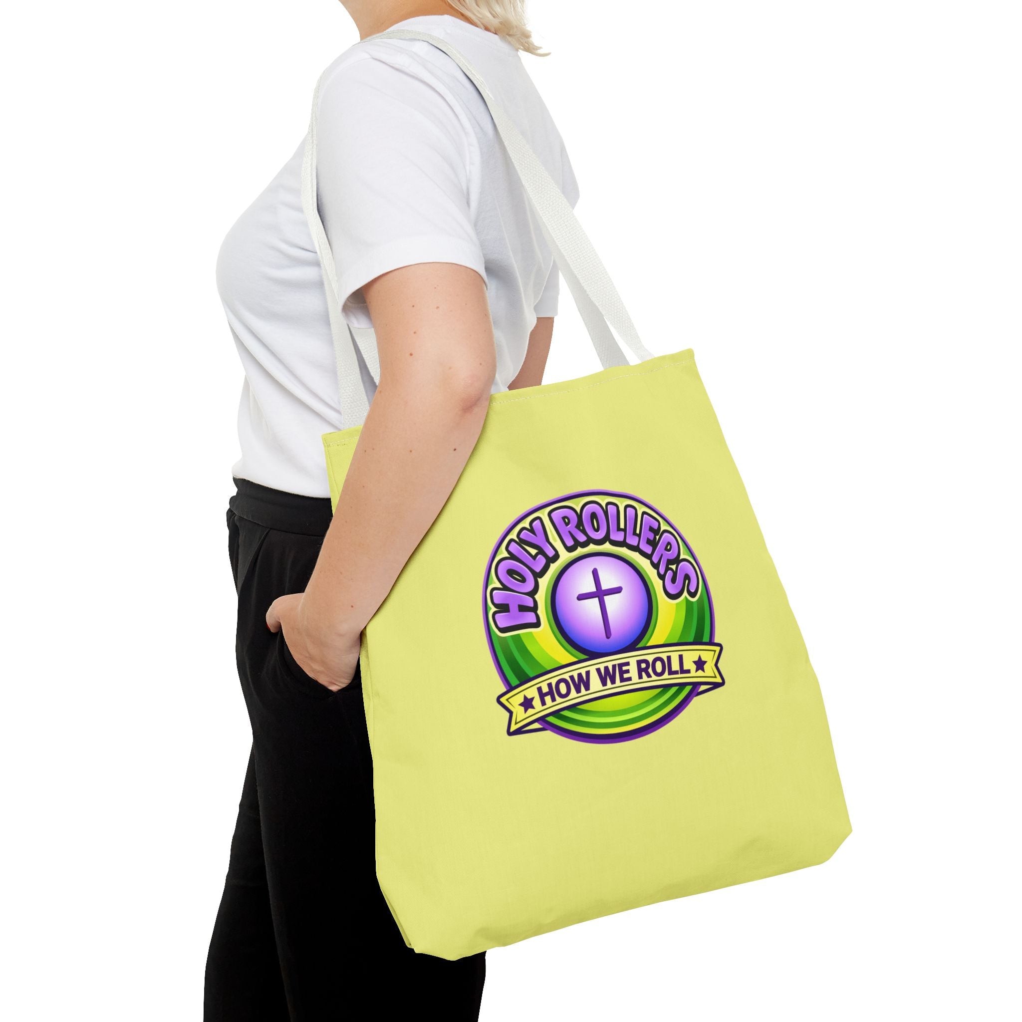 Holy Rollers Christian apparel: Christian Tote Bag — "Saved By Grace" / "Holy Rollers" Inspirational All-Over Print