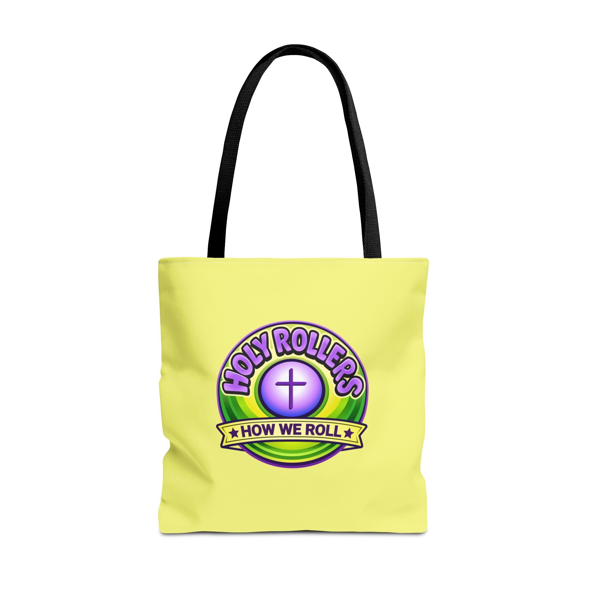 Holy Rollers Christian apparel: Christian Tote Bag — "Saved By Grace" / "Holy Rollers" Inspirational All-Over Print