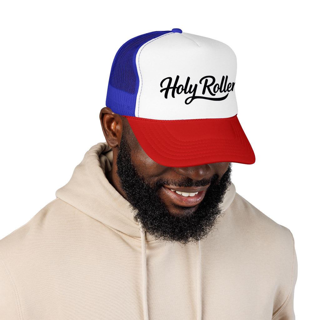 Holy Rollers Christian apparel thumbnail: Holy Rollers Foam Trucker Hat | Script Logo, Black & White Mesh