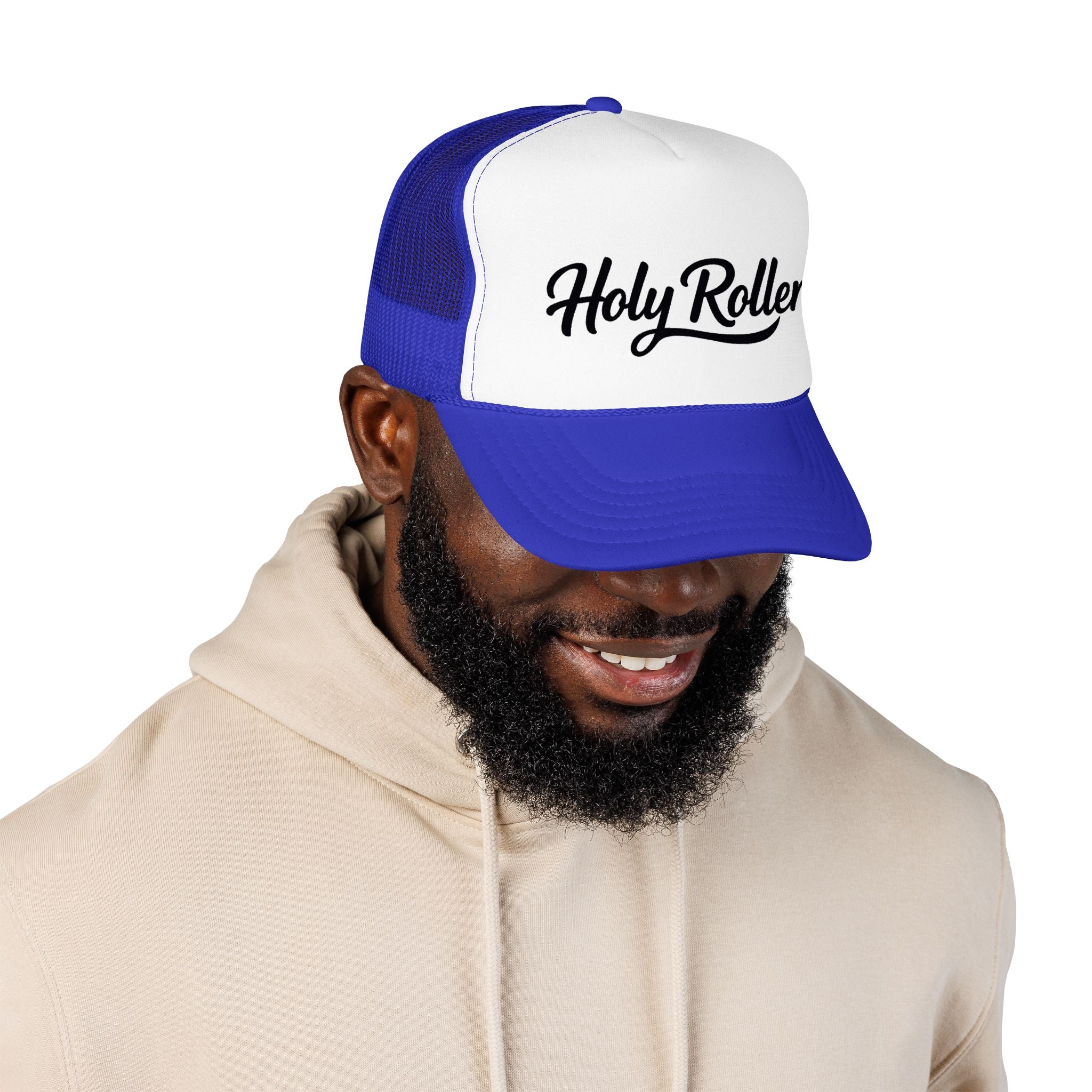 Holy Rollers Christian apparel: Holy Rollers Foam Trucker Hat | Script Logo, Black & White Mesh