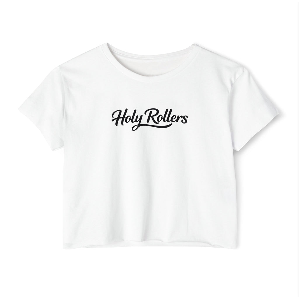 Holy Rollers Christian apparel thumbnail: Women's Crop Top — "Holy Rollers" Front & "Not Perfect Just Forgiven" Back Christian Festival Tee