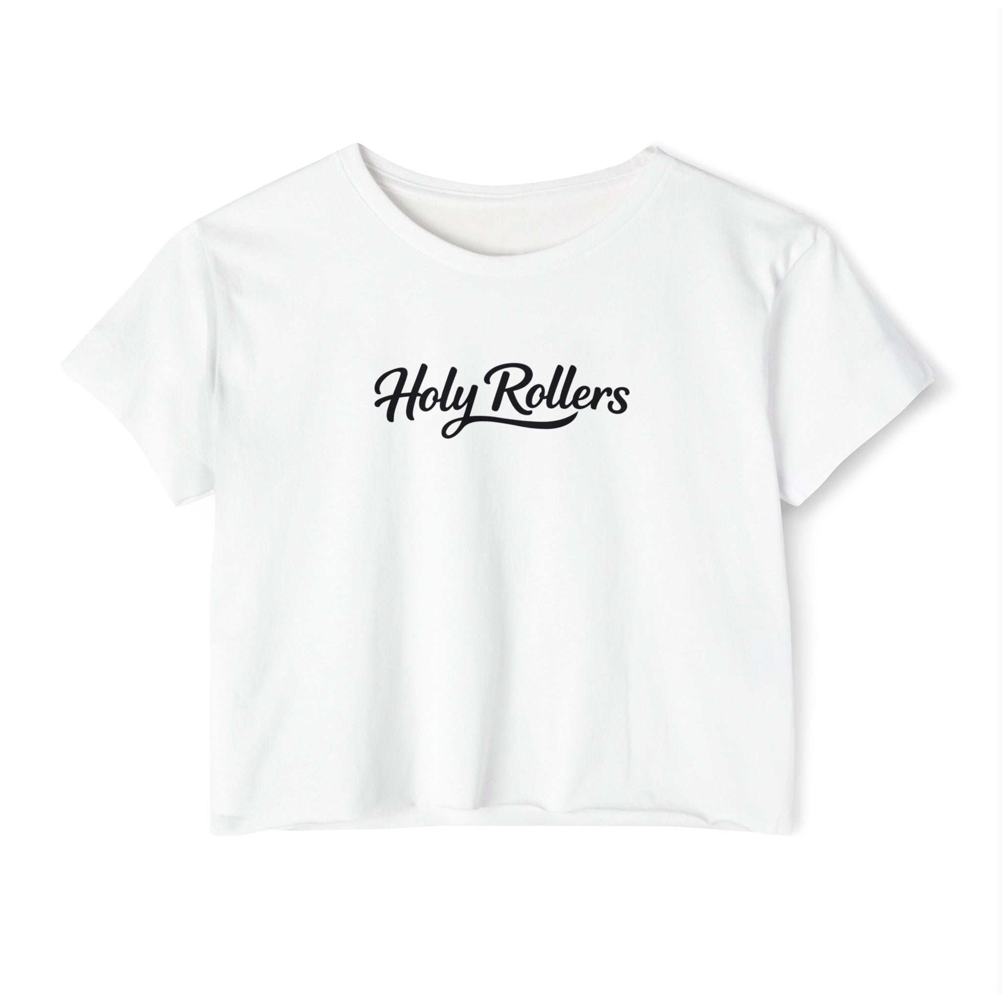 Holy Rollers Christian apparel: Women's Crop Top — "Holy Rollers" Front & "Not Perfect Just Forgiven" Back Christian Festival Tee