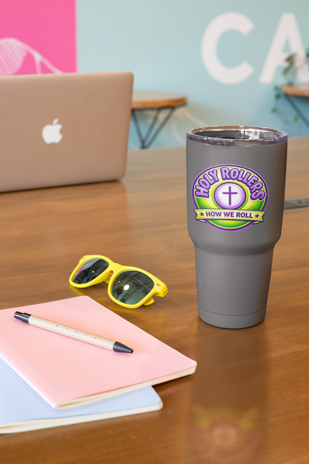 Holy Rollers Christian apparel thumbnail: Holy Rollers cross logo Insulated Tumbler | Rolling in His Promises wave-design Tumbler