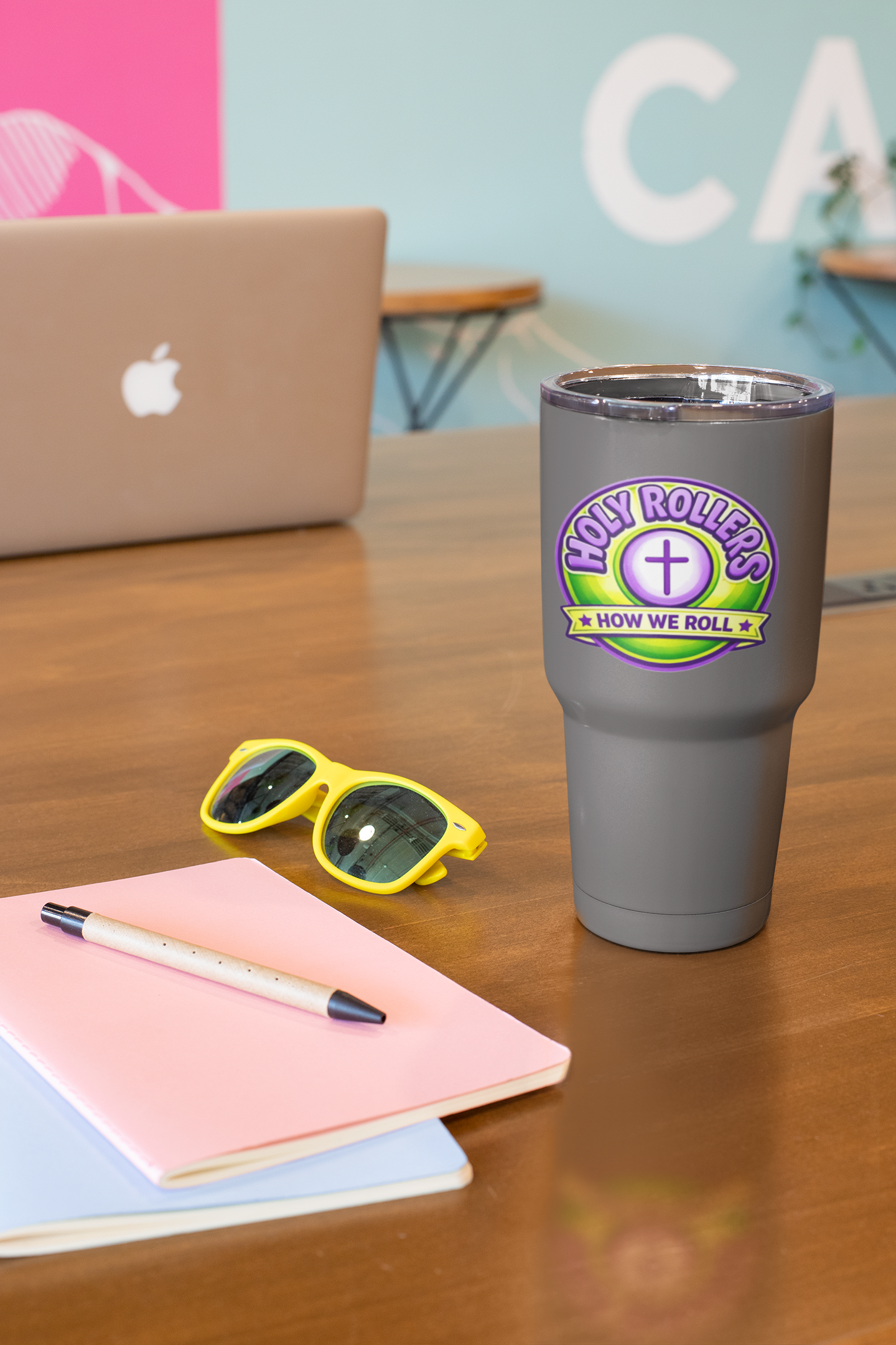 Holy Rollers Christian apparel: Holy Rollers cross logo Insulated Tumbler | Rolling in His Promises wave-design Tumbler