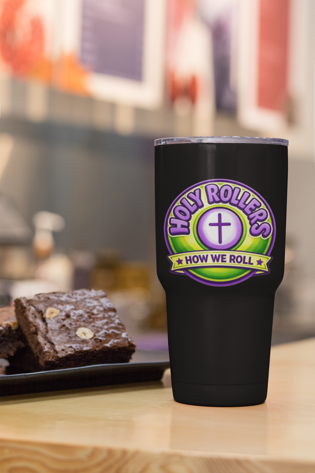Holy Rollers Christian apparel thumbnail: Holy Rollers cross logo Insulated Tumbler | Rolling in His Promises wave-design Tumbler