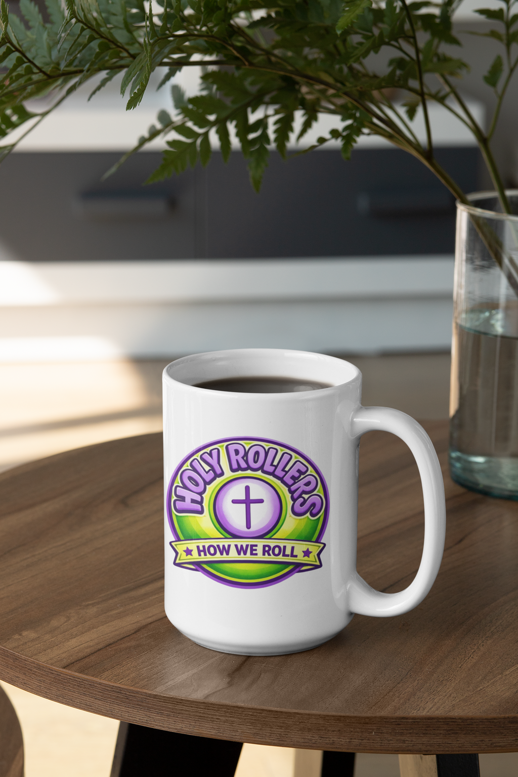 Holy Rollers Christian apparel thumbnail: Holy Rollers 15oz Mug — "How We Roll" Christian Coffee Cup