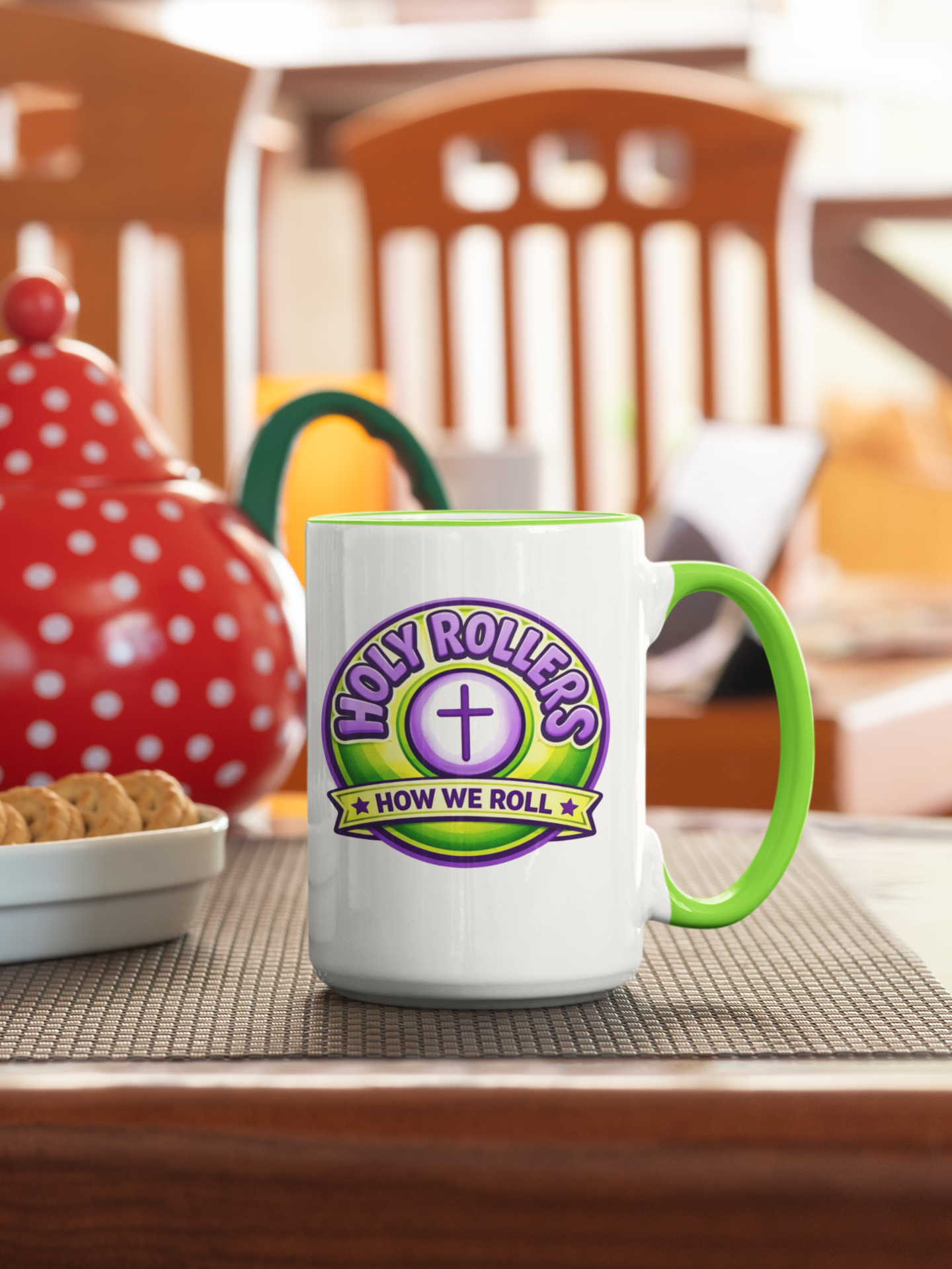 Holy Rollers Christian apparel: Holy Roller "Faith Over Fear" Logo Mug | Accent Rim & Handle