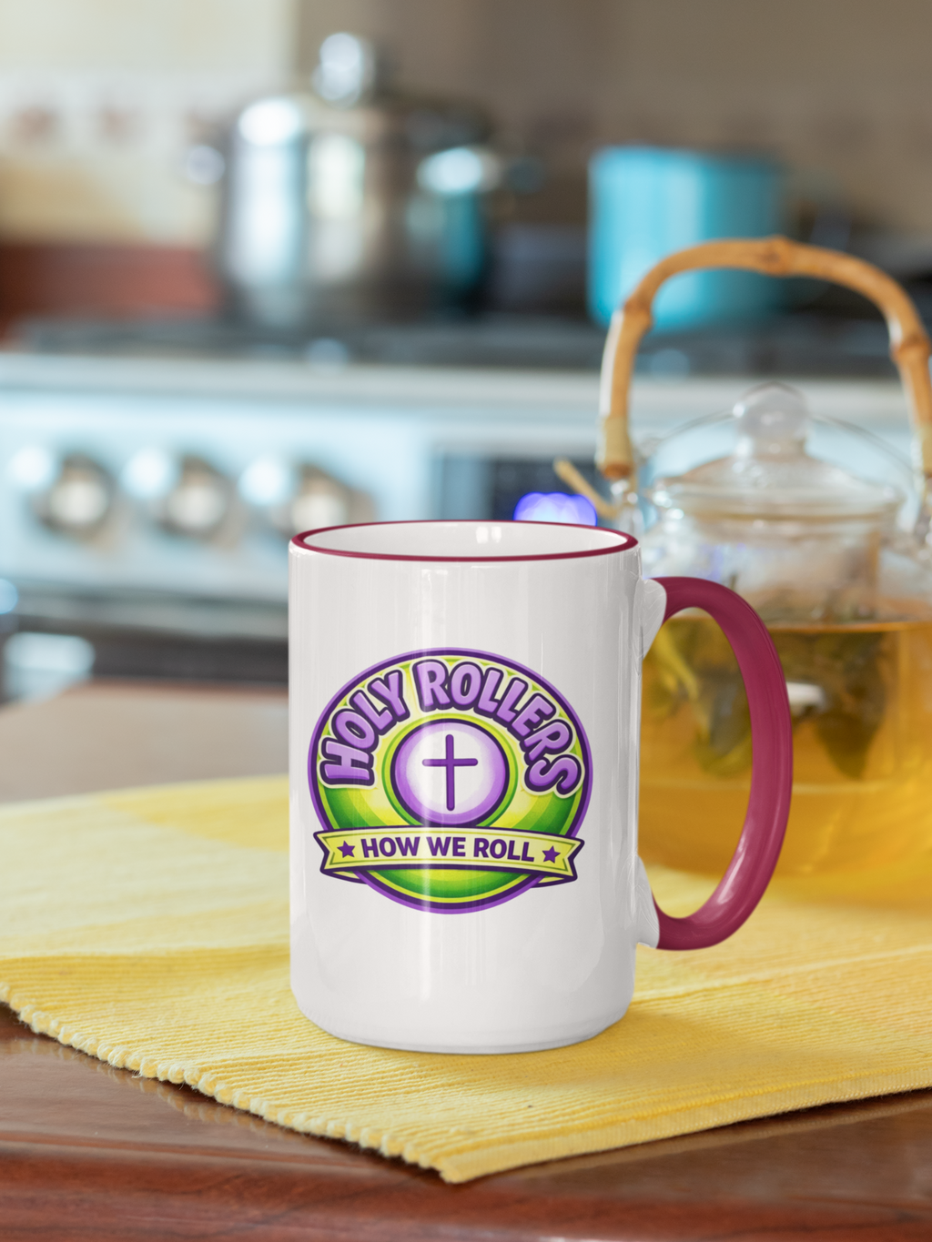 Holy Rollers Christian apparel thumbnail: Holy Roller "Faith Over Fear" Logo Mug | Accent Rim & Handle