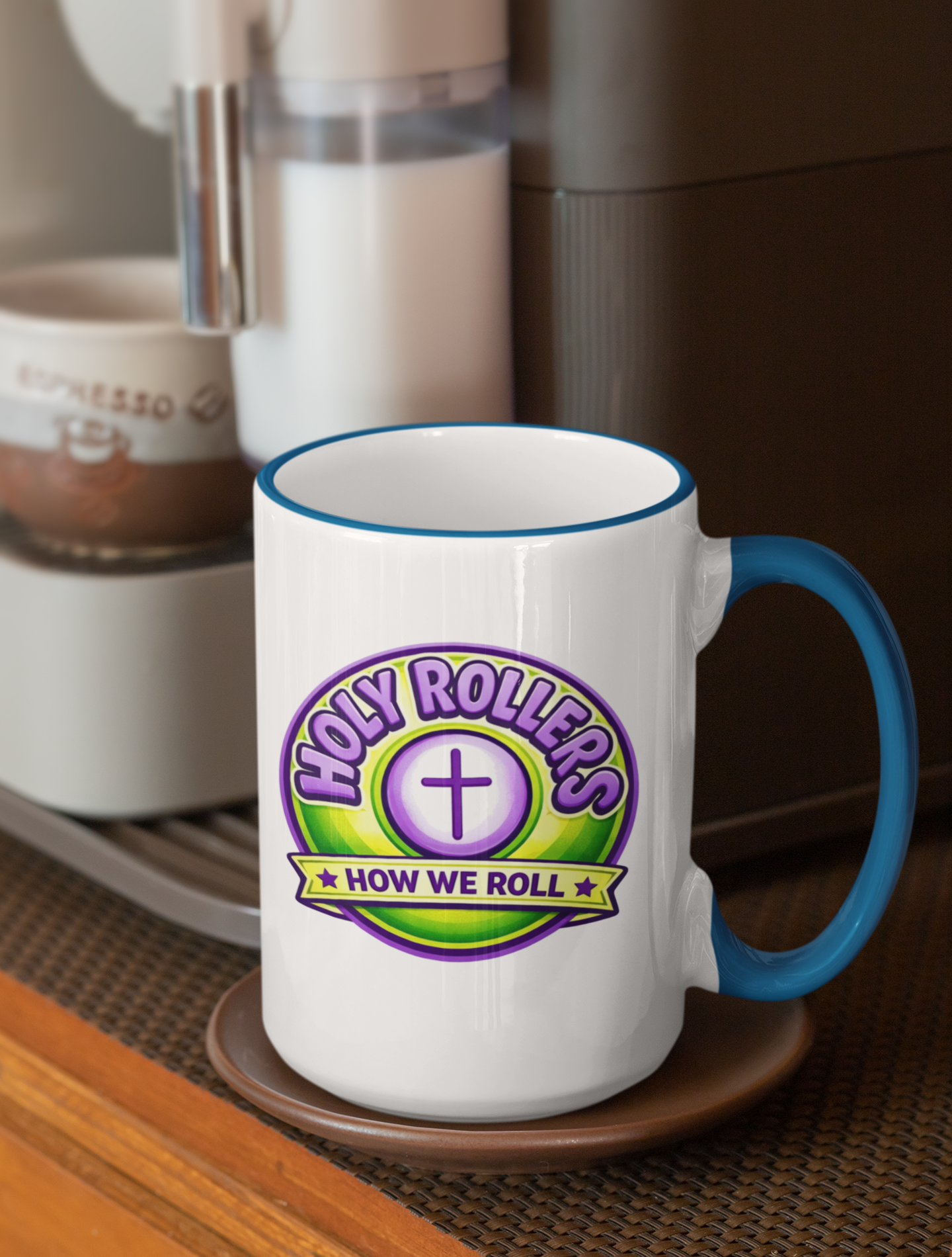 Holy Rollers Christian apparel: Holy Roller "Faith Over Fear" Logo Mug | Accent Rim & Handle